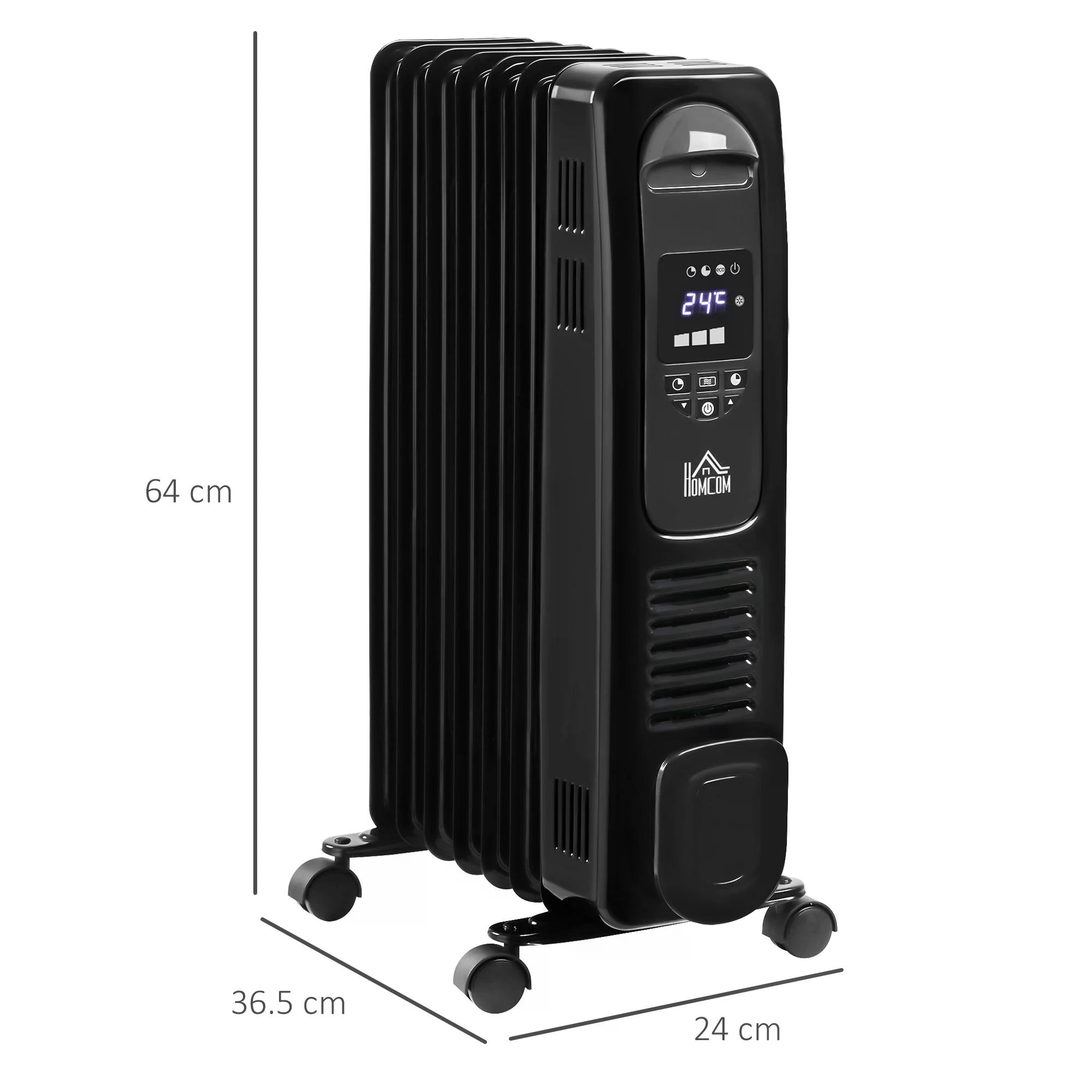 1630W Digital Oil Filled Radiator, 7 Fin, Portable Electric Heater with LED Display, Built-in Timer, 3 Heat Settings, Remote Control, Black-2