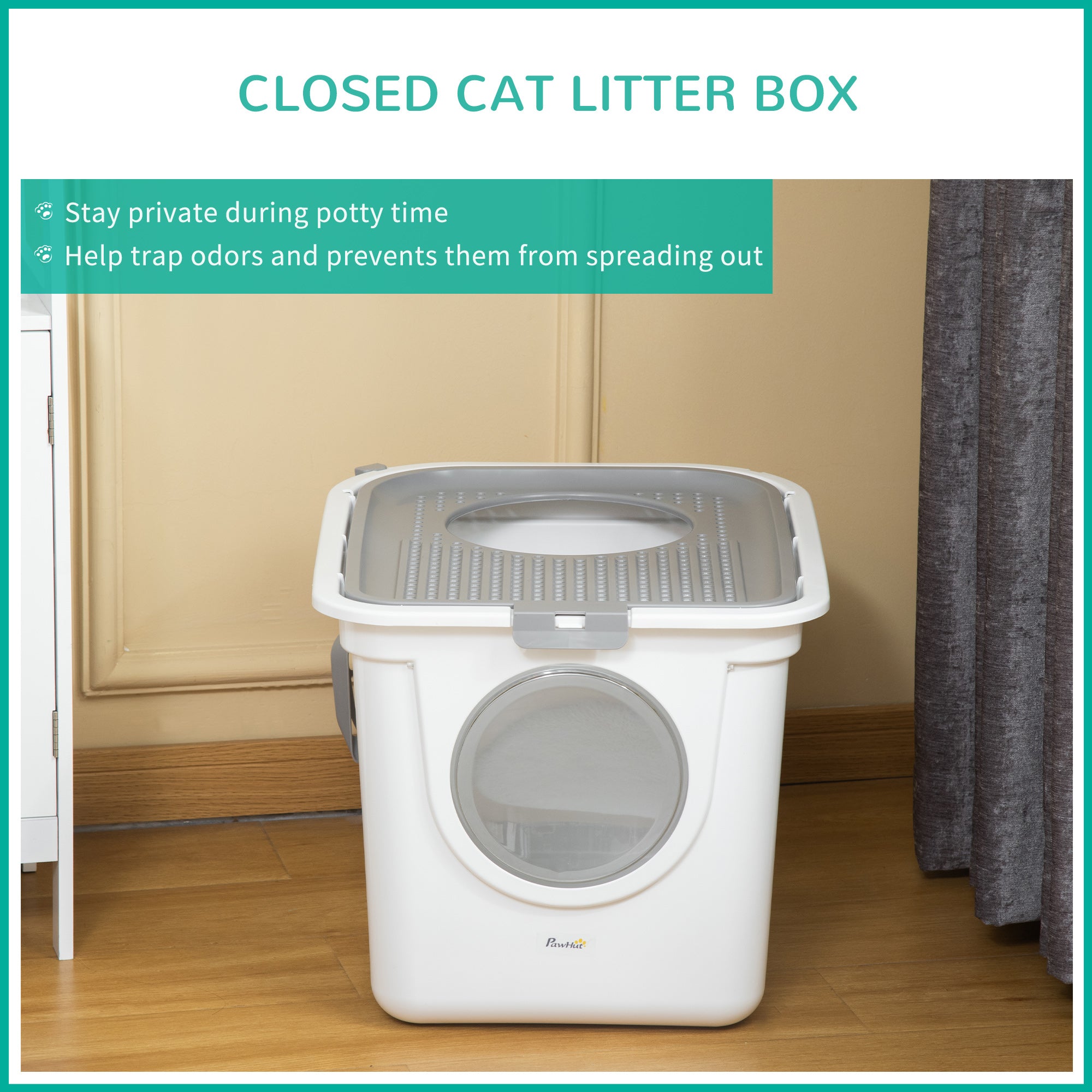 Cat Litter Box Pet Toilet Enclosed Kitten Pan w/ Front Entrance Top exit Scoop, White-4