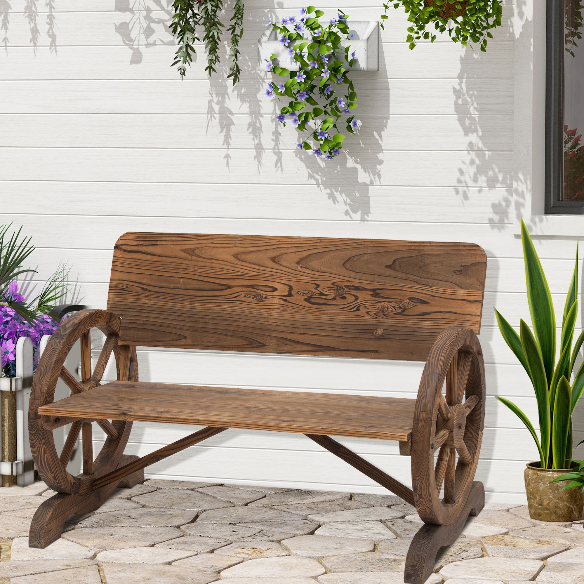 Wooden Cart Wagon Wheel 2 Seater Garden Bench Outdoor Chair Rustic High Back Loveseat Burnt Stained-1