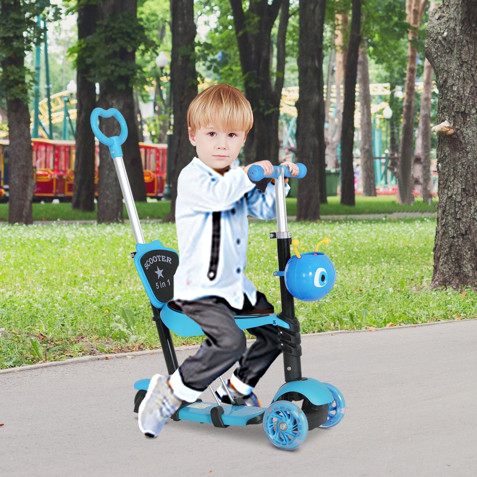 5-in-1 Kids Toddler 3 Wheels Mini Kick Scooter Push Walker with Removable Seat & Back Rest for Girls and Boys Blue-1