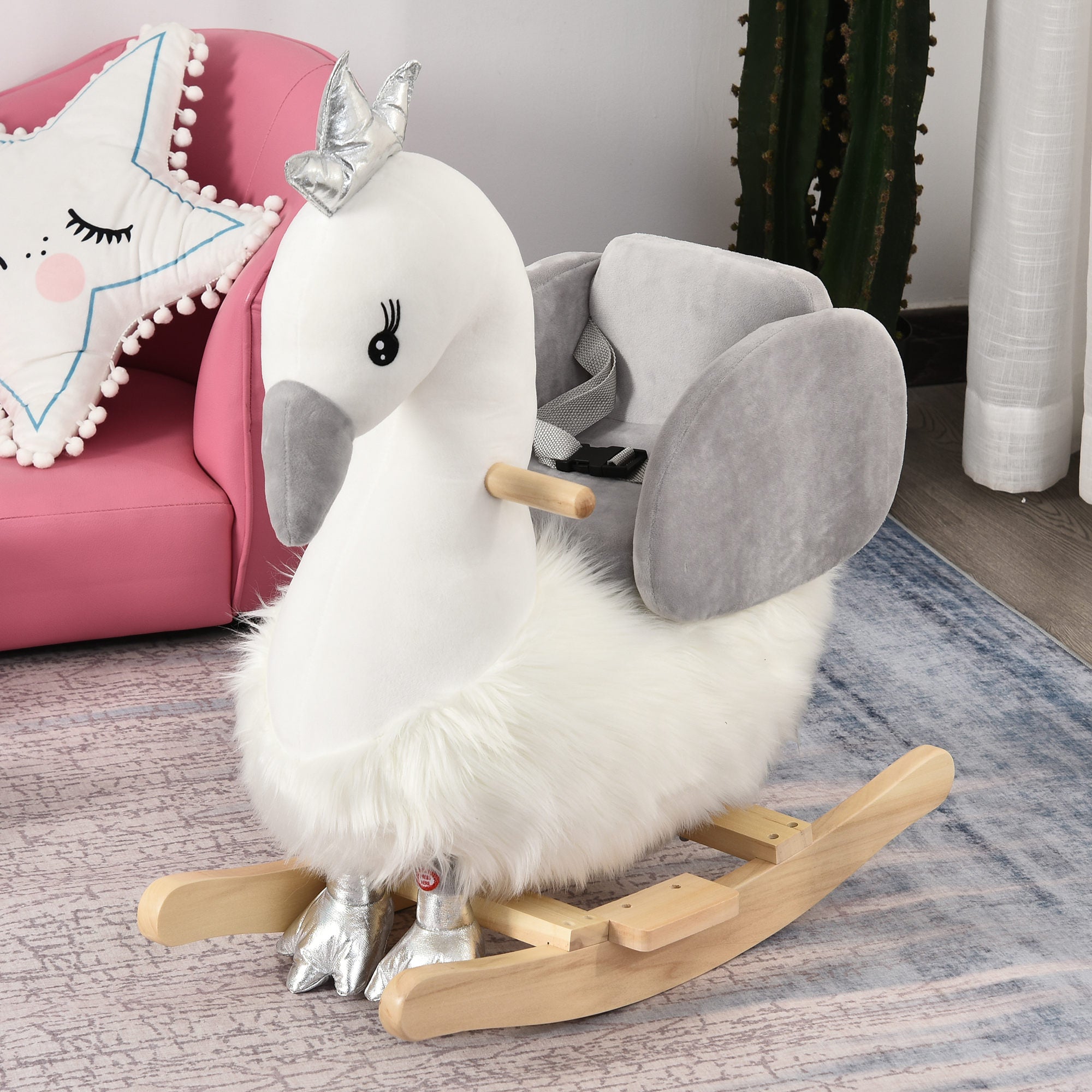 Kids Plush Ride-On Rocking Animal Horse Swan-shaped Toy Rocker with Realistic Sounds for Toddler 18-36 Months-1