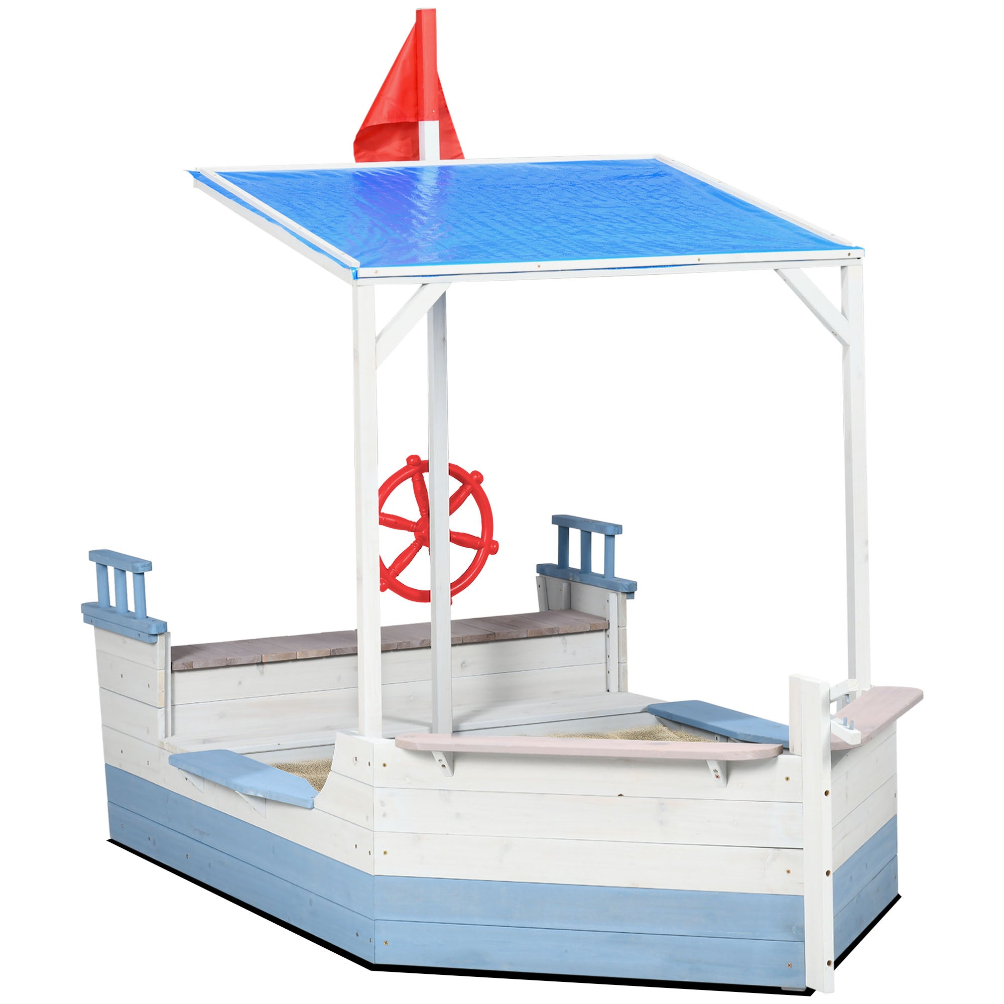 Wooden Kids Sandpit, Children Sandbox w/ UV Protection Canopy, for Ages 3-8 Years - Blue-0