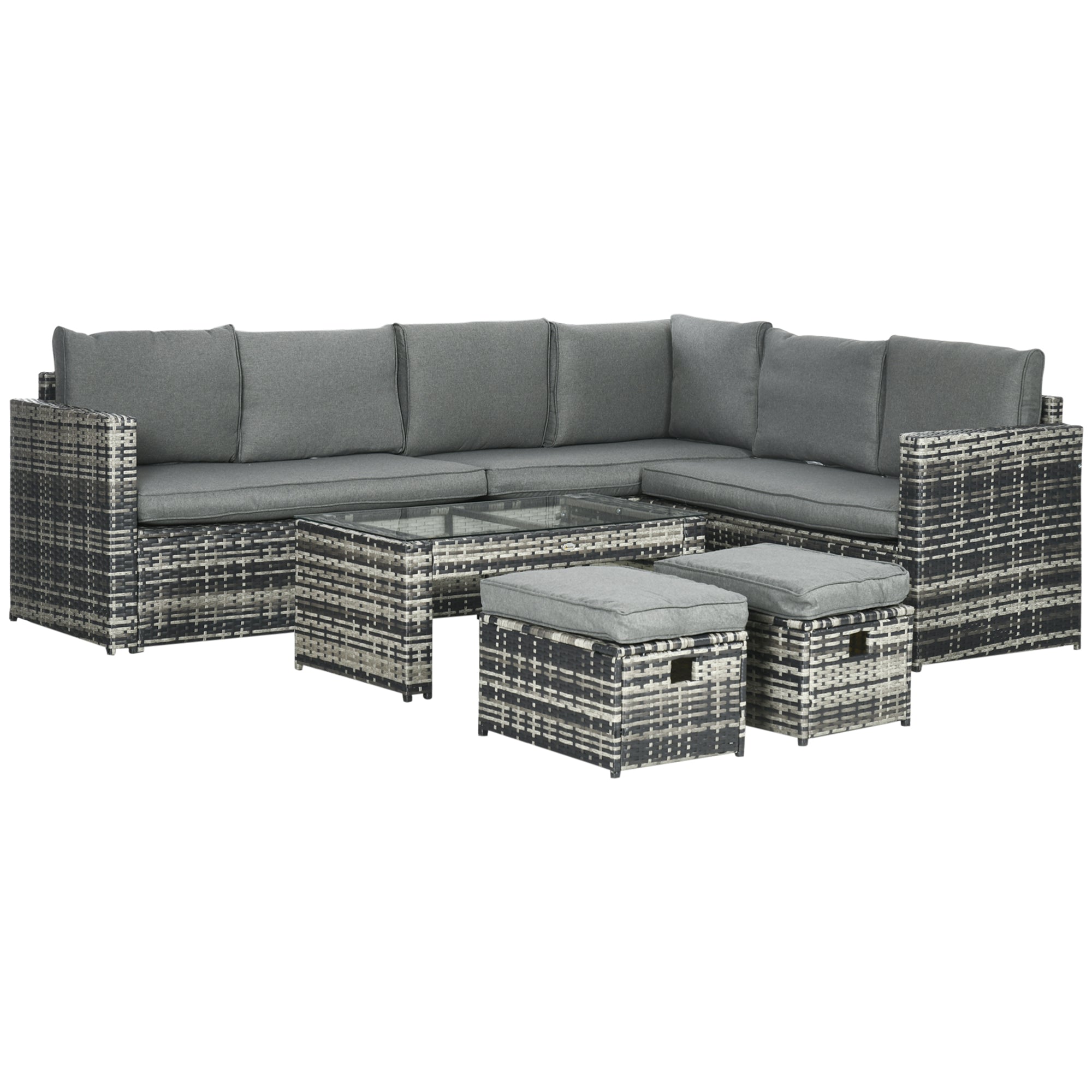 6 Piece Rattan Garden Furniture Set, 8-Seater Outdoor Sofa Sectional with 3 Cushioned Loveseat 2 Footstools Table, Grey-0