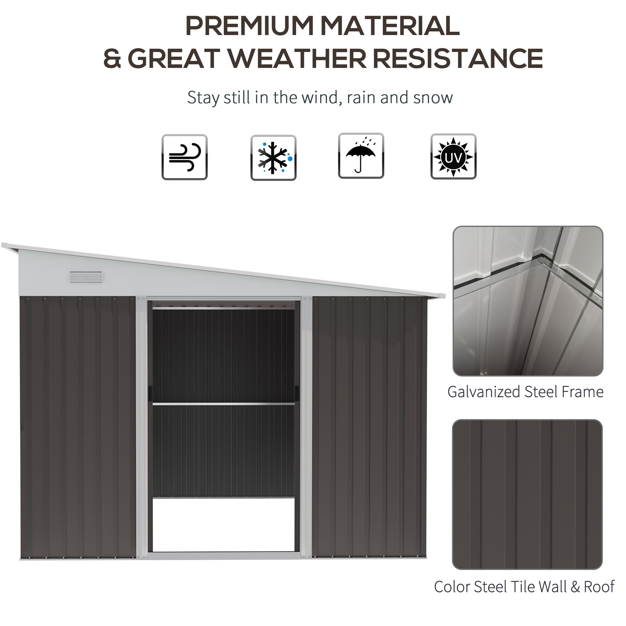 11 x 9 ft Metal Garden Storage Shed Sloped roof Tool House with Double Sliding Doors and 2 Air Vents, Grey-3