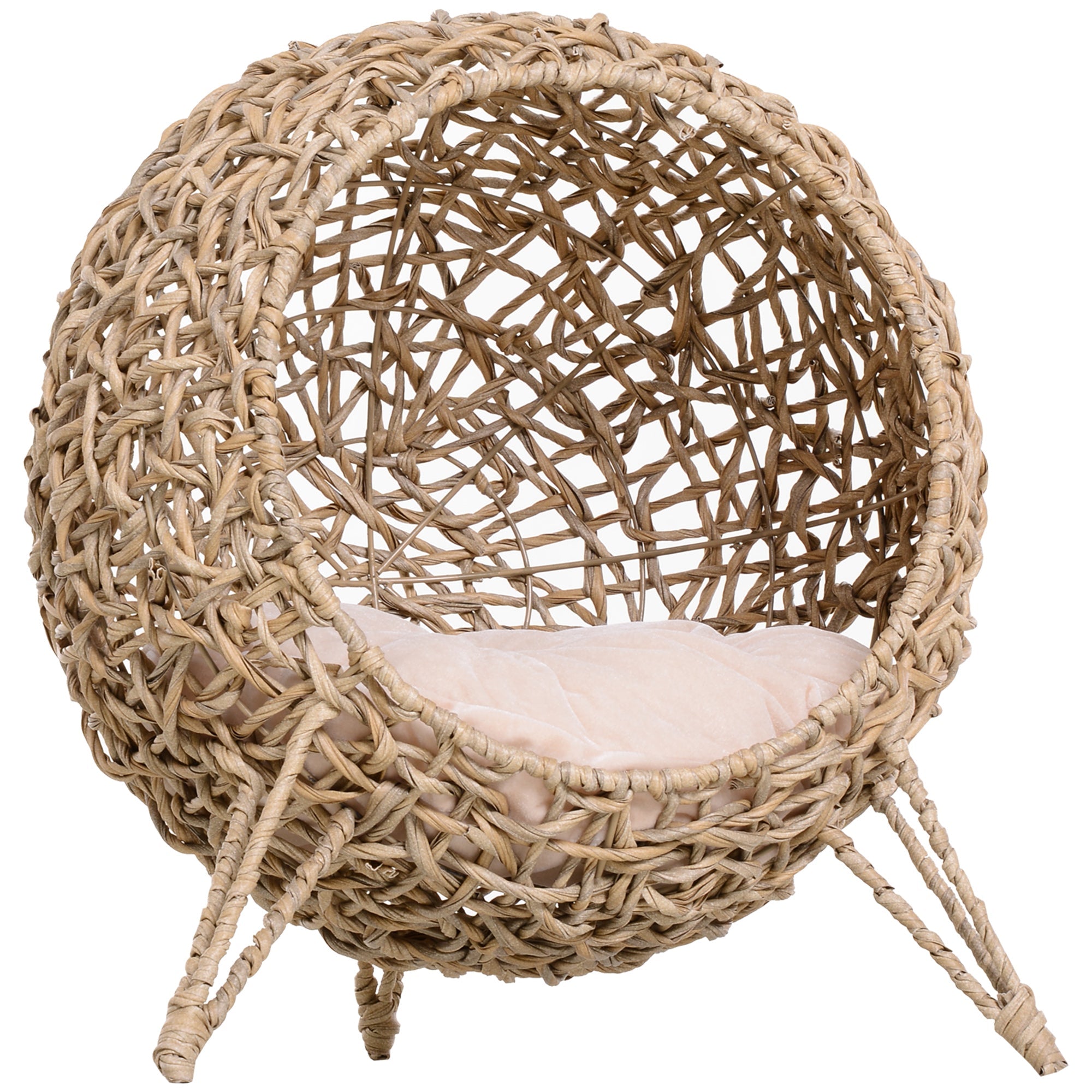 Wicker Cat Bed, Ball-Shaped Rattan Elevated Cat Basket with Three Tripod Legs, Cushion, Natural Wood Finish-0