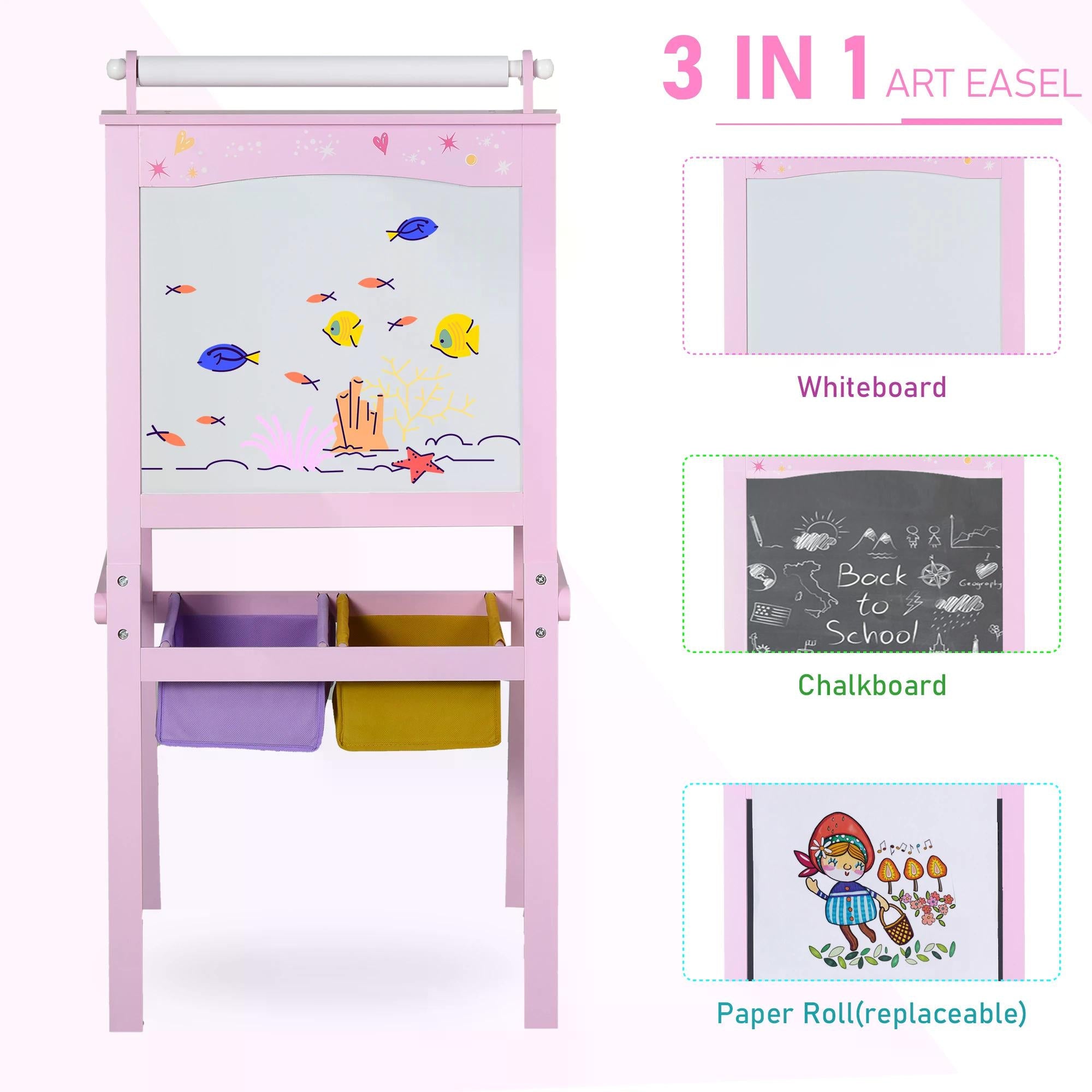 3 In 1 Kids Wooden Art Easel with Paper Roll Double-Sided Chalkboard & Whiteboard with Storage Baskets Gift for Toddler Girl Age 3 Years+ Pink-3