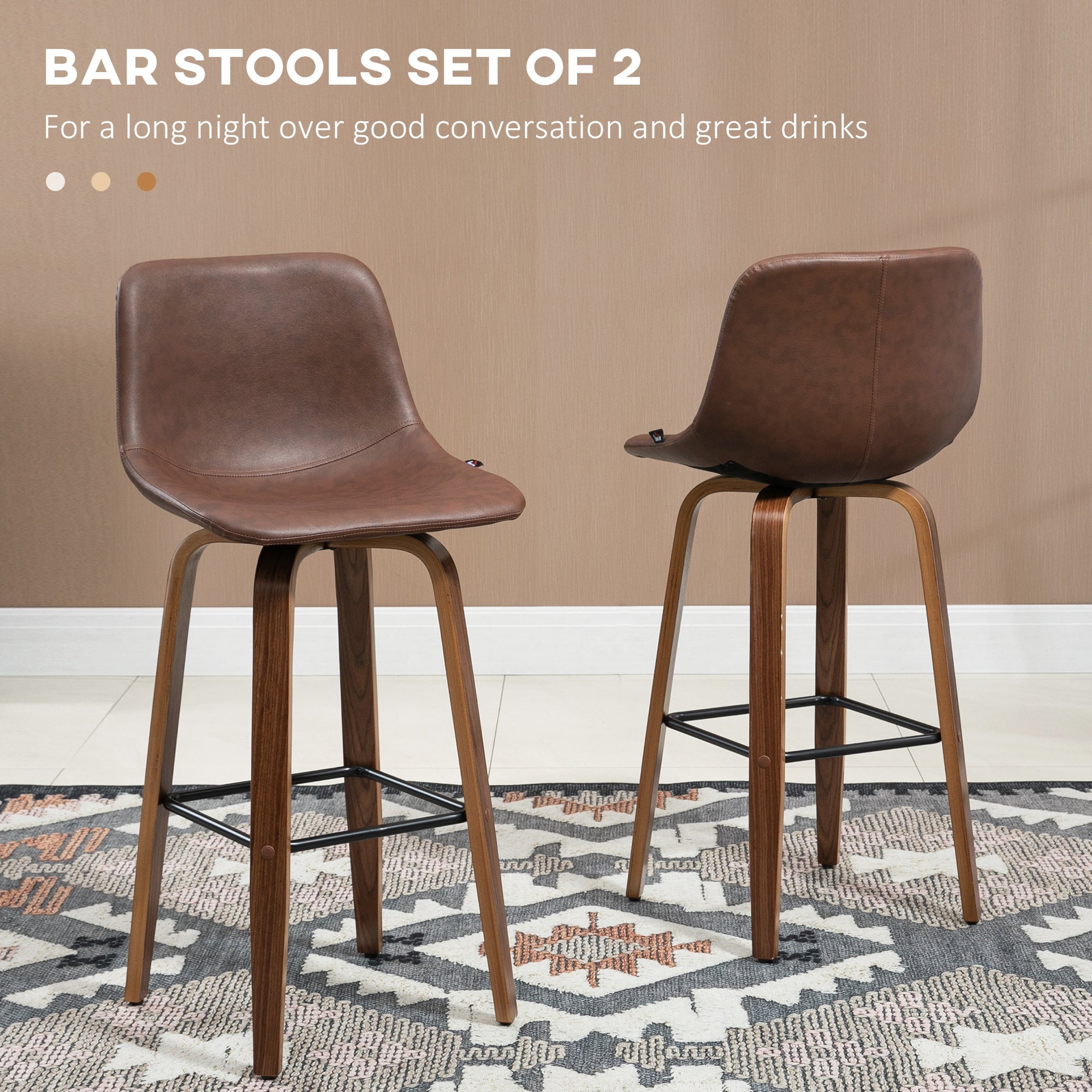 Bar Stools Set of 2, Breakfast Bar Chairs, PU Leather Upholstered Kitchen Stools w/ Backs, Wood Legs for 89-99cm Bar Table, Brown-3