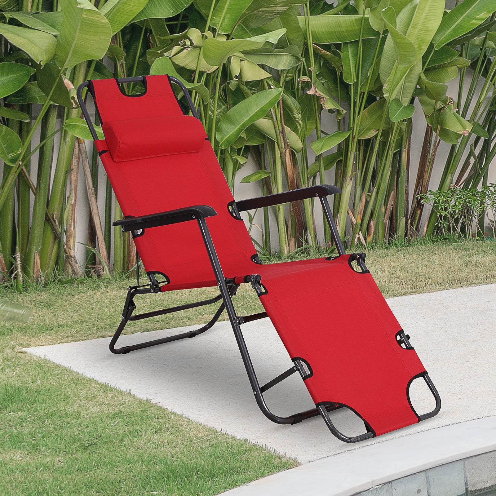 2 in 1 Sun Lounger Folding Reclining Chair Garden Outdoor Camping Adjustable Back with Pillow (Red)-1