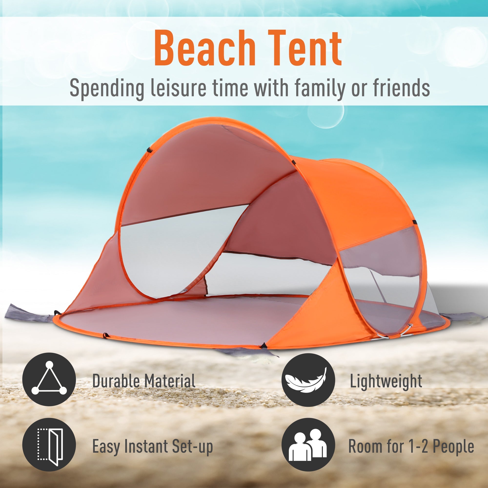 1-2 Person Pop up Beach Tent Hiking UV 30+ Protection Patio Sun Shelter Portable Automatic - Orange-3