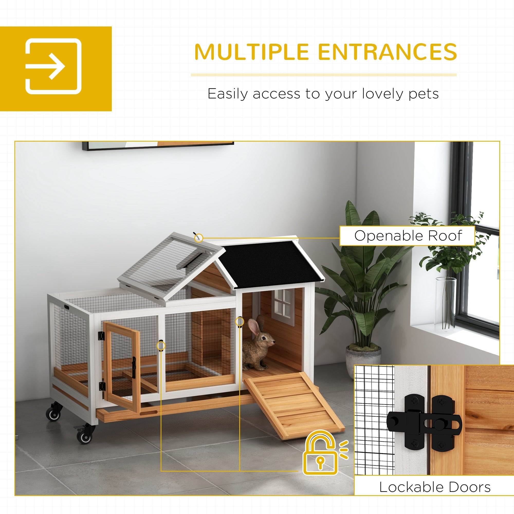 Wooden Rabbit Hutch, Guinea Pig Cage, with Removable Tray, Wheels - Yellow-4