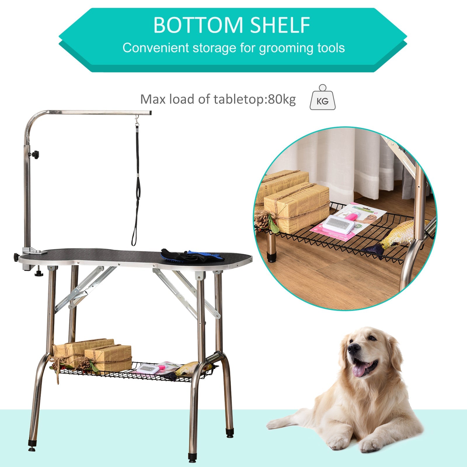 Foldable Pet Grooming Table Dog Drying Table with Adjustable Arm Non-Slip Rubber Tabletop Aluminium Alloy Edge Stainless Steel Bar Sling Black-4