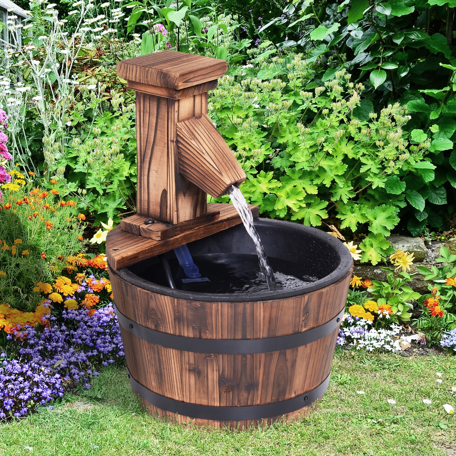 Wood Barrel Pump Patio Water Fountain Water Feature Electric Garden-1