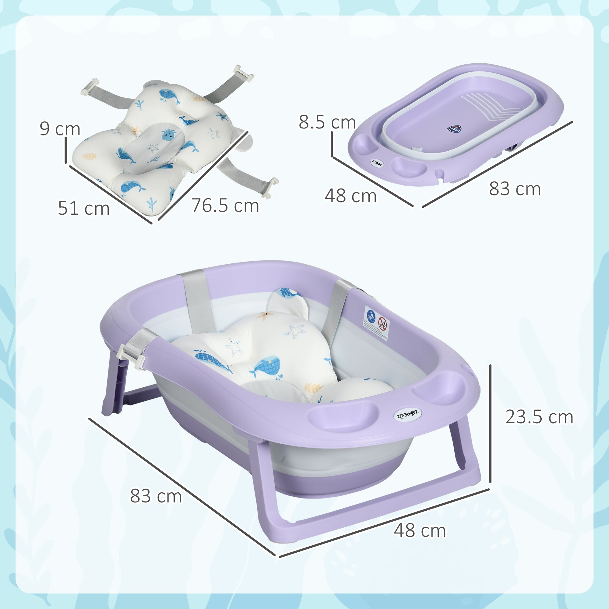 Foldable Baby Bath Tub, Bath Tub with Non-Slip Support, Cushion Pad, Drain Plugs, Shower Head Holder, for Newborn to 6 Years - Purple-2