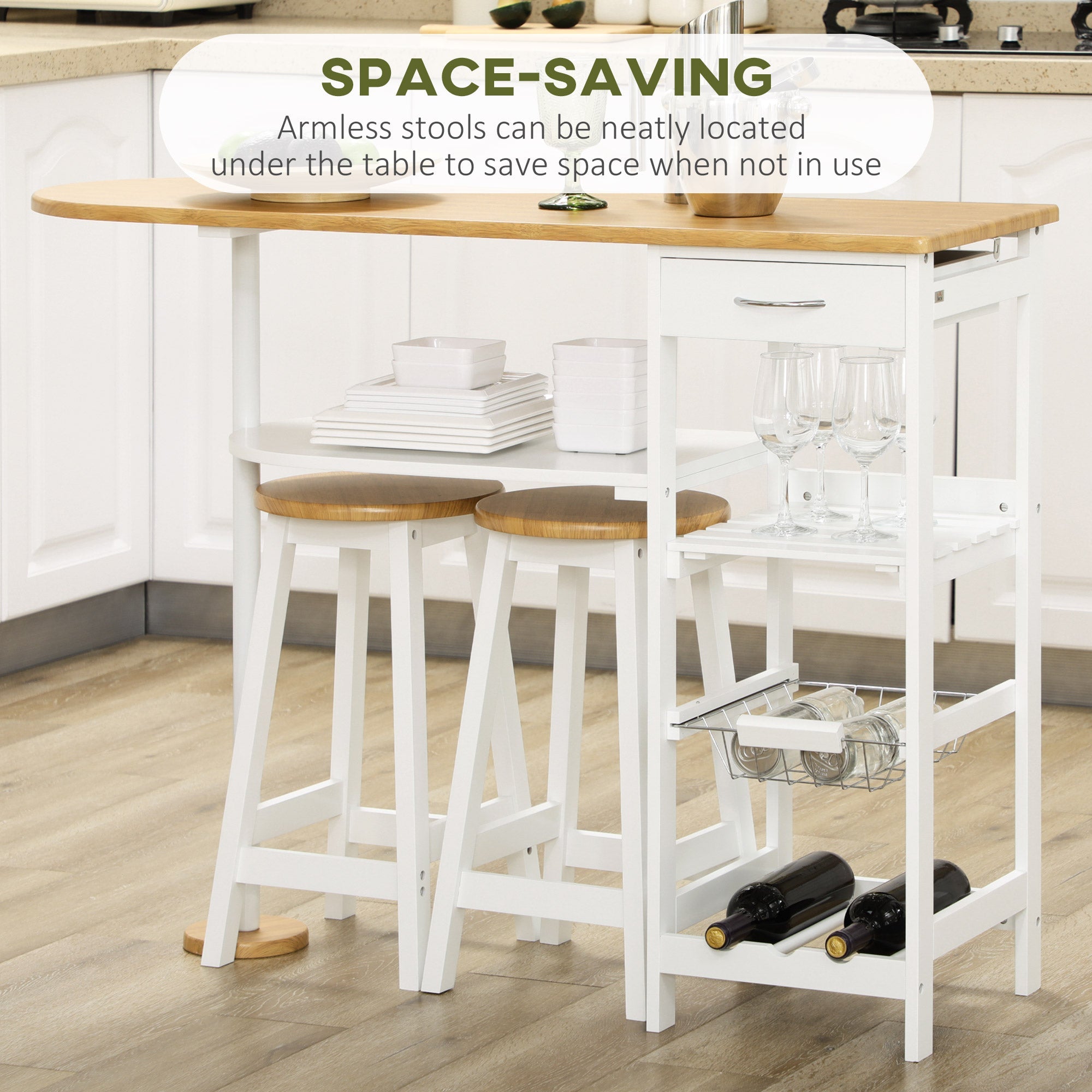 3 Piece Bar Table Set, Breakfast Bar table and Stools with Storage Shelf, Drawer, Wire Basket and Wine Rack for Kitchen, Natural and White-4