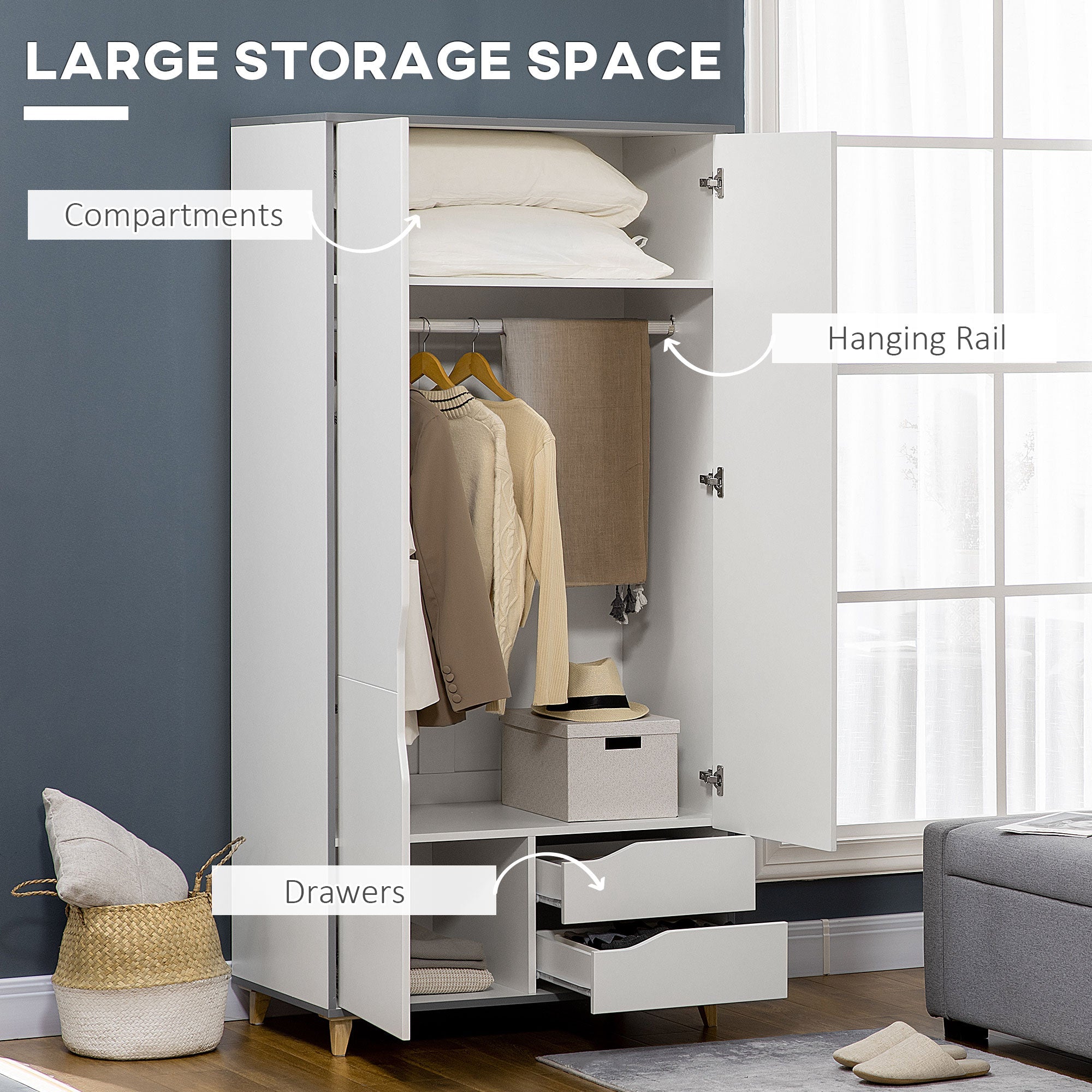 Wardrobe with 2 Doors, 2 Drawers, Hanging Rail, Shelves for Bedroom Clothes Storage Organiser, 89x50x185cm, White-4