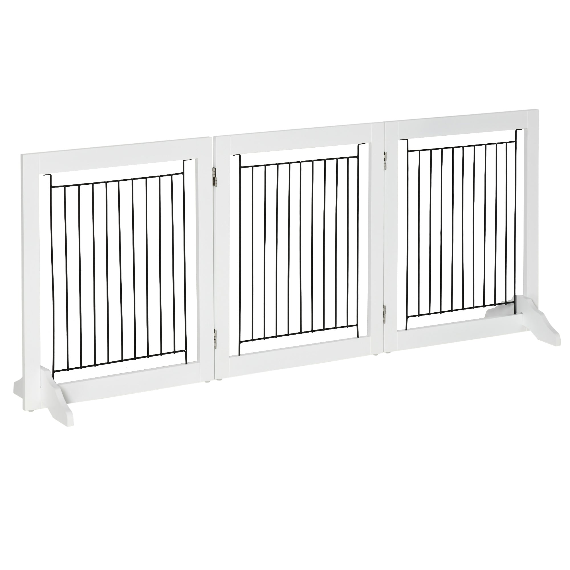 Dog Gate, Freestanding Pet Gate, Wooden Puppy Fence Foldable Design with 61 cm Height 3 Panels, 2 Support Feet, for House Doorway Stairs White-0