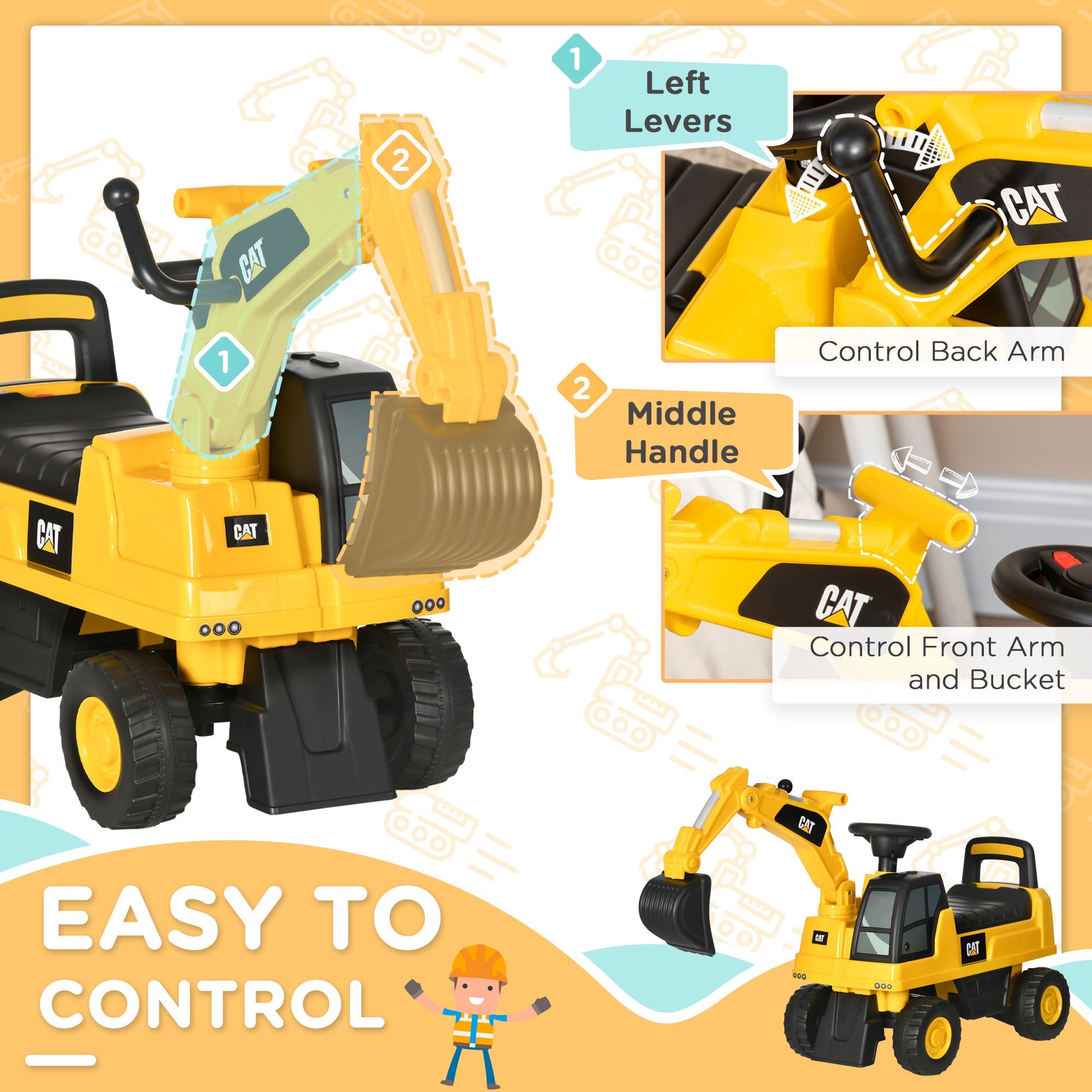 Licensed CAT Kids Ride on Digger Excavator with Manual Bucket, Toddler Pretend Construction Play Toy with Horn Under Seat Storage-4