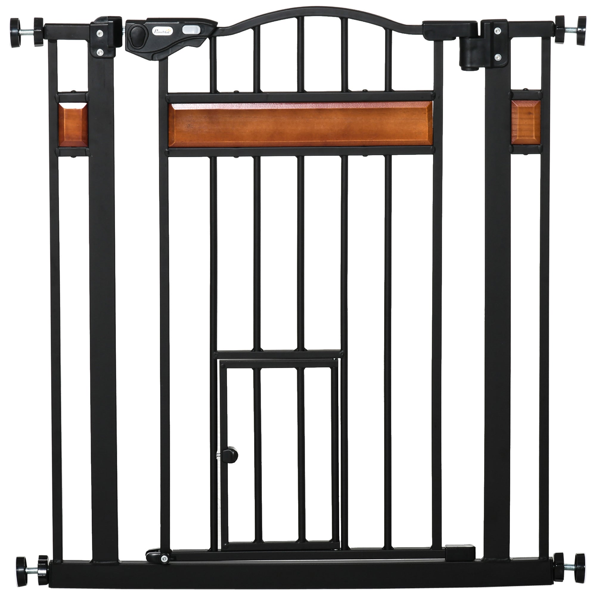 Dog Gate with Cat Door Pet Safety Gate, Auto Close Double Locking Pine Wood Decoration, for Doorways Stairs Indoor, 74-80 cm Wide, Black-0