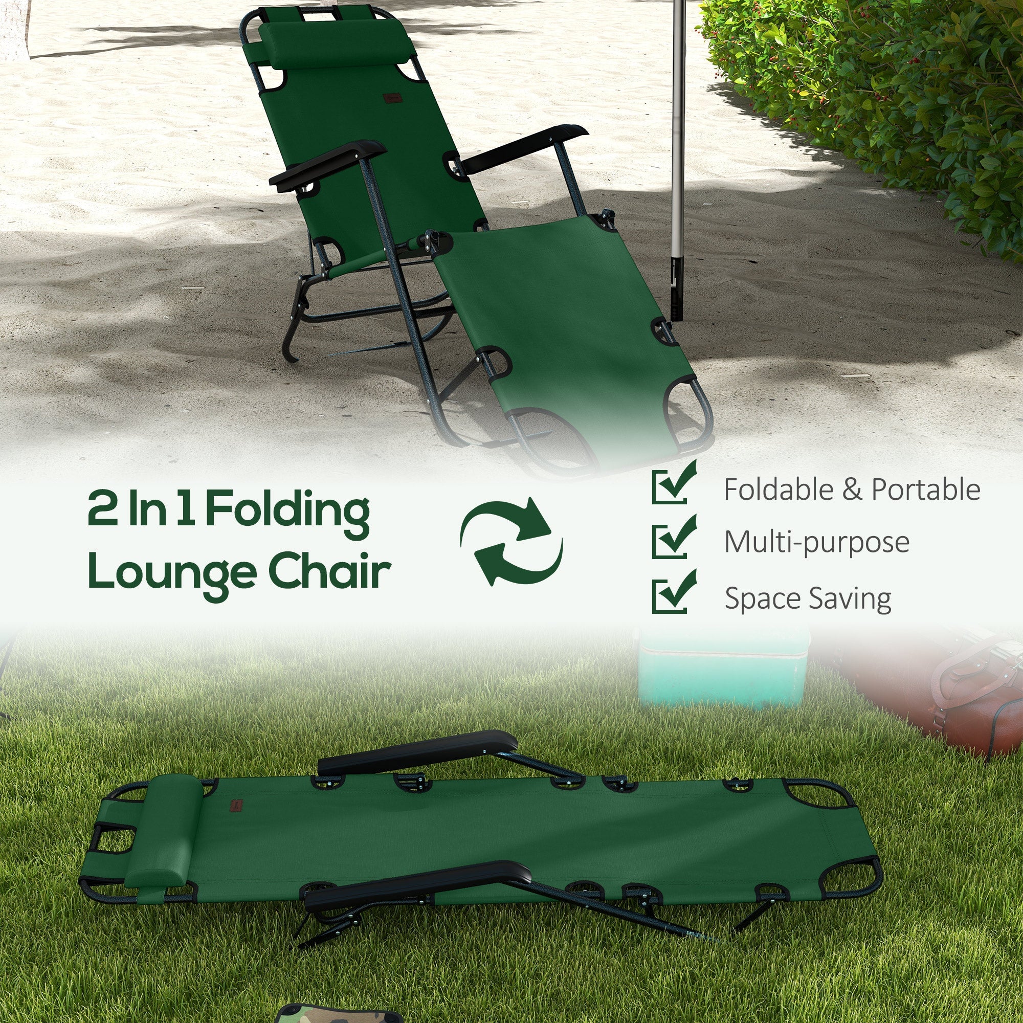 2 in 1 Sun Lounger Folding Reclining Chair Garden Outdoor Camping Adjustable Back with Pillow, Green-3