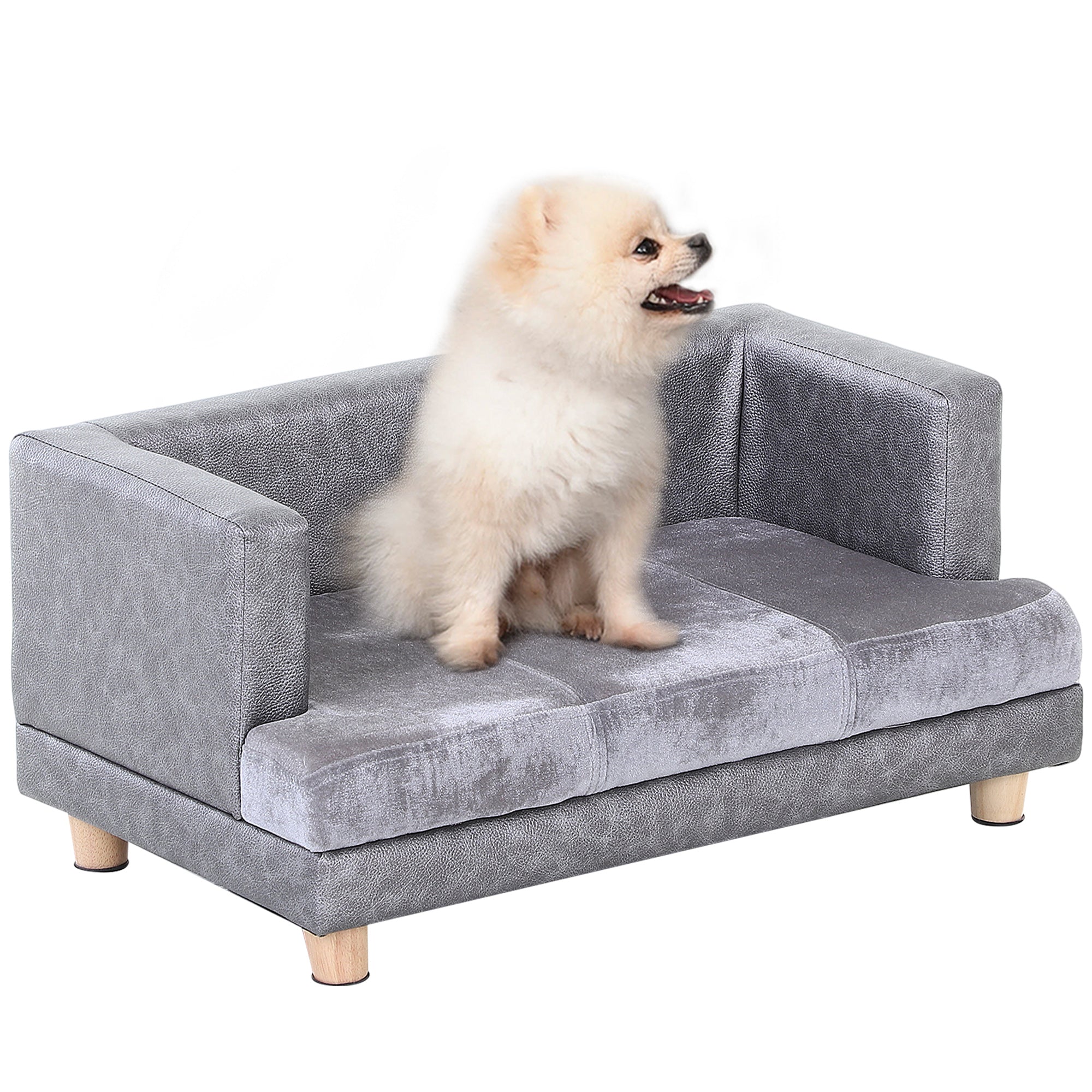 Dog Sofa Bed for Small-Sized Dogs, Elevated Pet Chair with PU Cover, Soft Cushion, Cat Couch Lounger with Anti-slip Legs - Grey-0