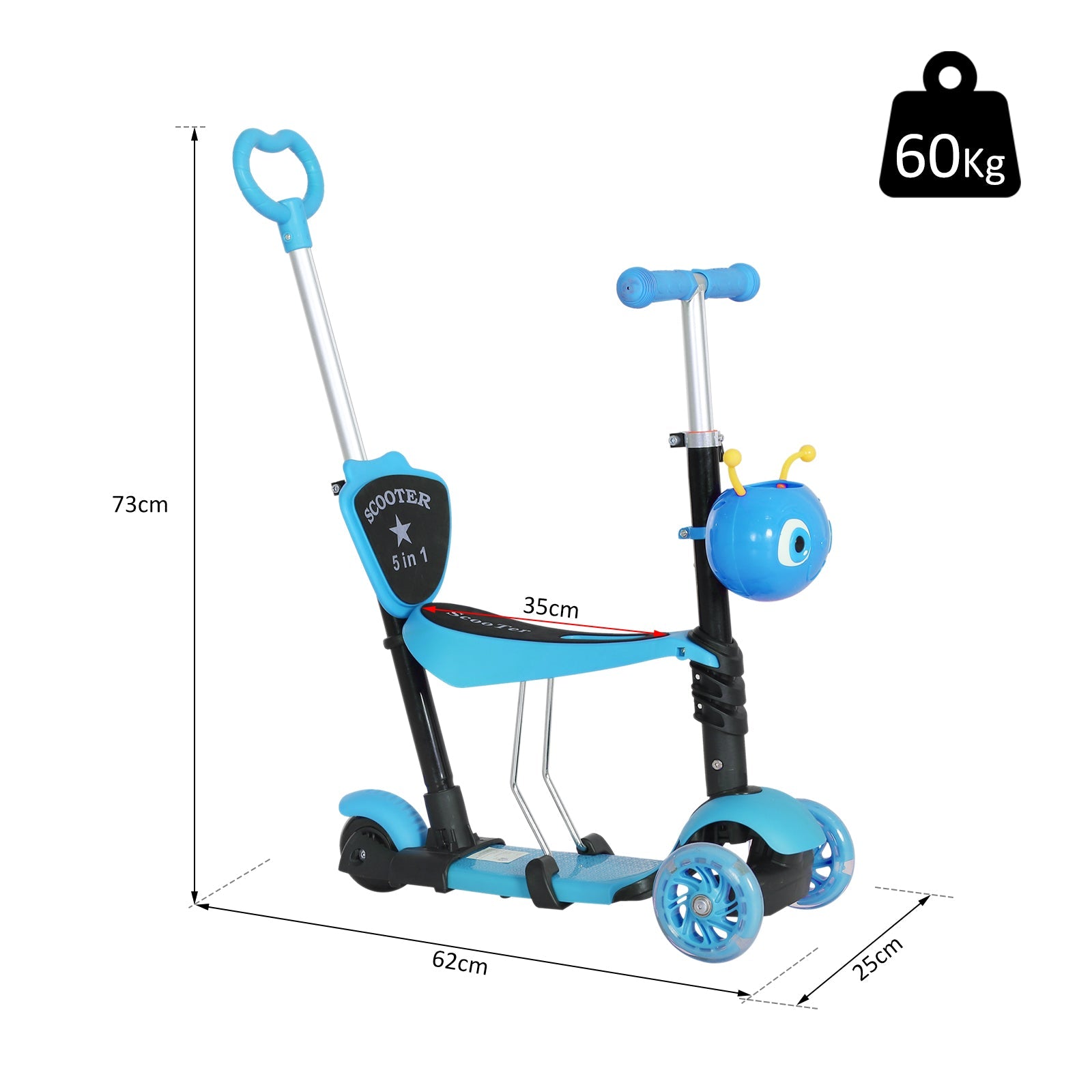 5-in-1 Kids Toddler 3 Wheels Mini Kick Scooter Push Walker with Removable Seat & Back Rest for Girls and Boys Blue-2