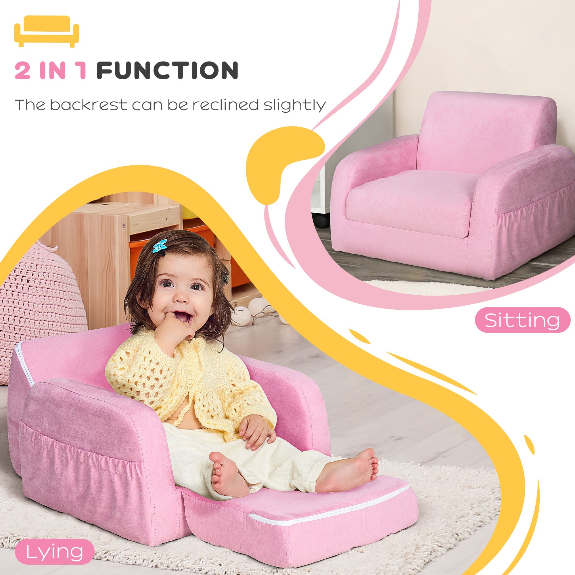 2 In 1 Kids Armchair Sofa Bed Fold Out Padded Wood Frame Bedroom, Pink-4