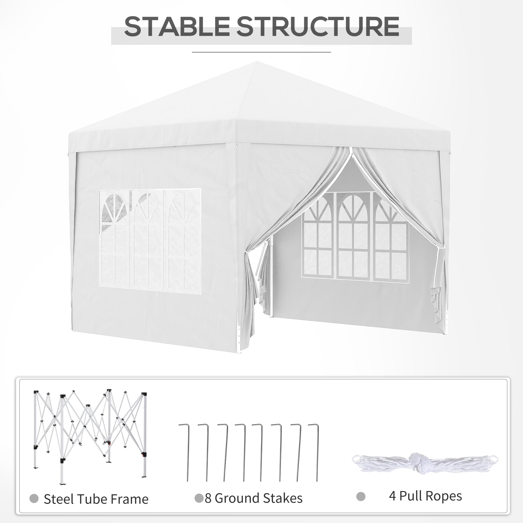 3 x 3m Pop Up Gazebo, Wedding Party Canopy Tent Marquee with Carry Bag and Windows, White-4