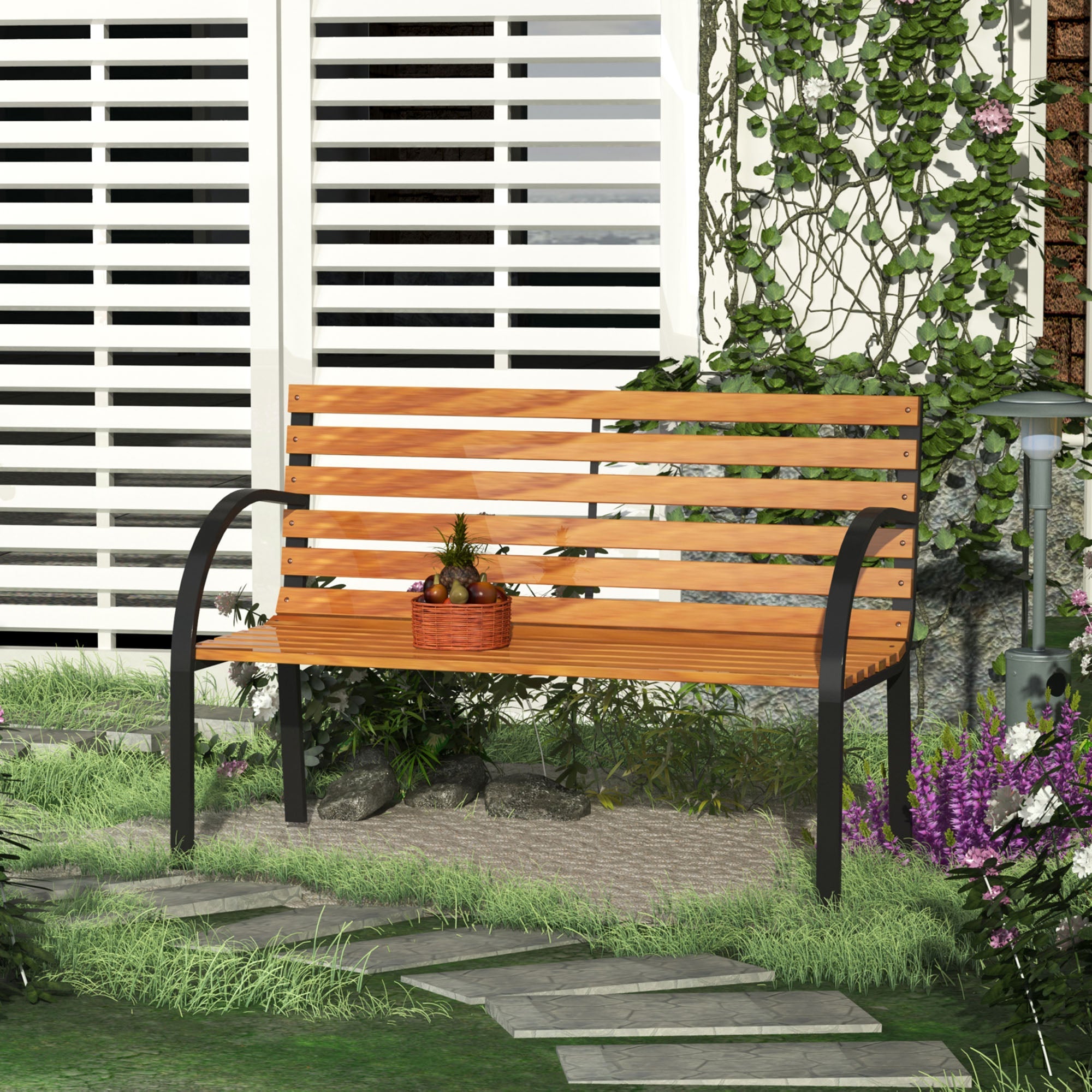 Wooden Garden Bench Park Bench 2 Seater Love Chair Outdoor Patio Porch Furniture w/ Sturdy Metal Frame-1