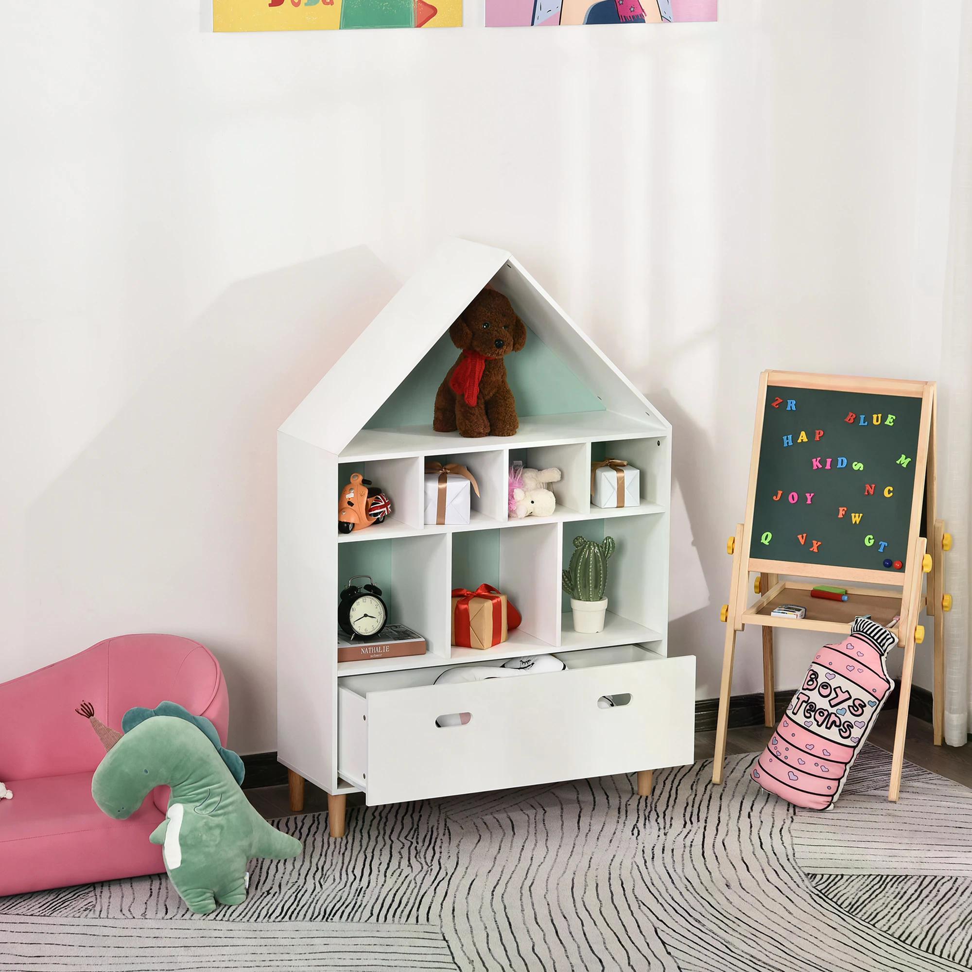 Kids Bookshelf Chest w/ Drawer Cubes Baby Toy Wood Organizer Display Stand Storage Cabinet 82x30x126cm White-1