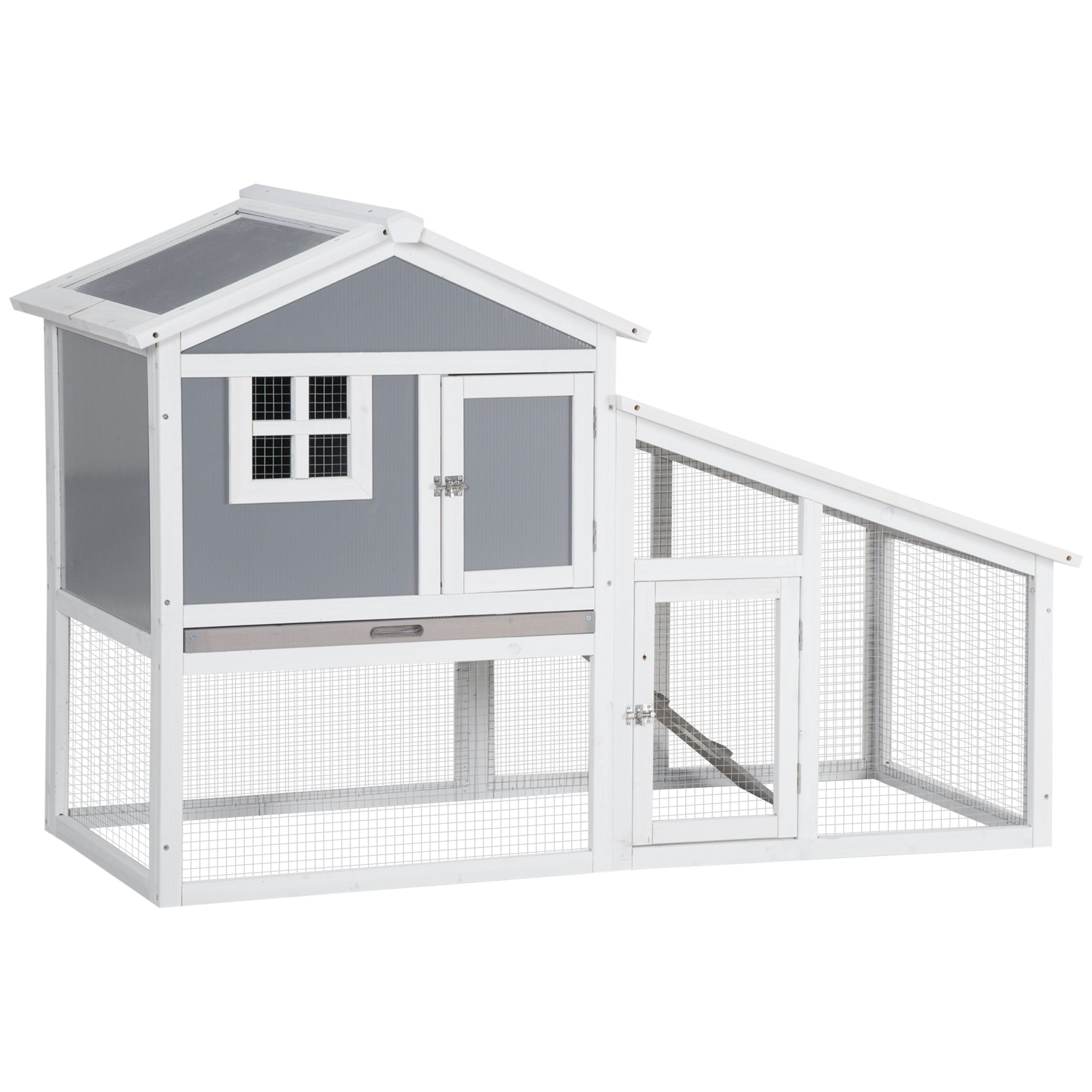 Wooden Rabbit Hutch, 2 Tier Guinea Pig Cage, Bunny Run, Small Animal House for Indoor Outdoor with Sunlight Panel Roof Slide-out Tray, Grey-0