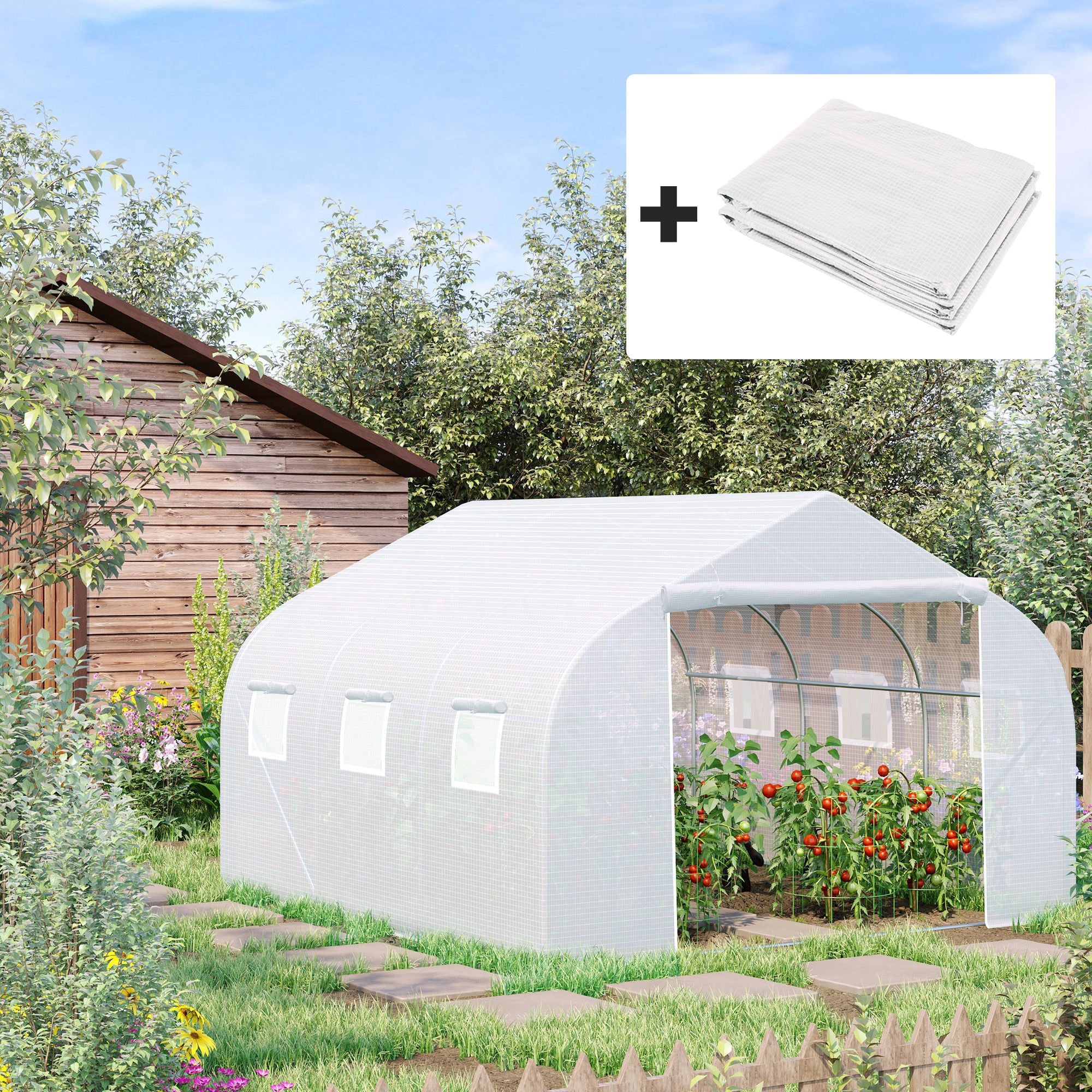 Walk-In Tunnel Greenhouse with Replacement Cover, Outdoor Growhouse with PE Cover, Roll Up Door and 6 Windows, 4.5 x 3 x 2 m, White-1