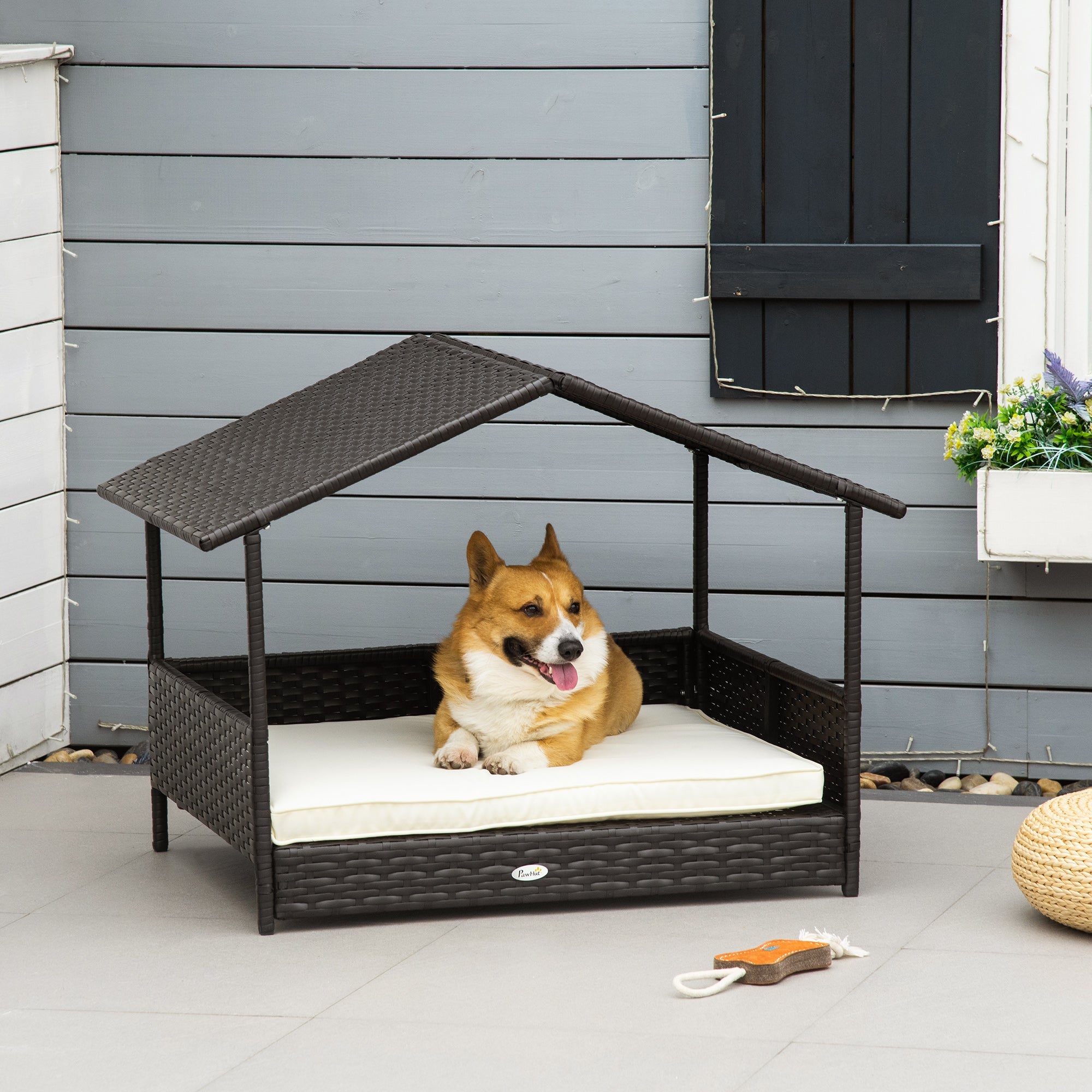 Wicker Dog House, Rattan Pet Bed, with Removable Cushion, Canopy, for Small and Medium Dogs - Cream-1