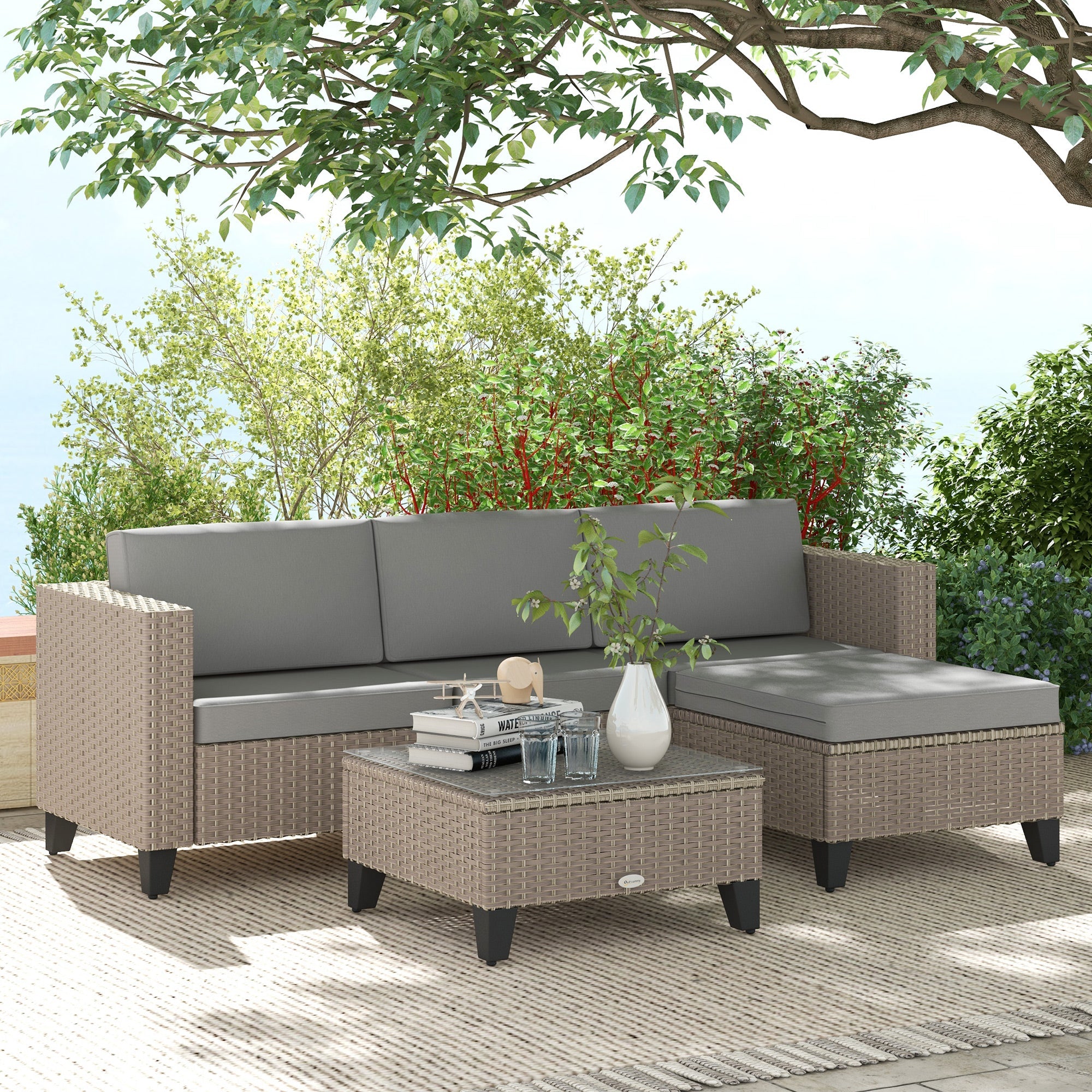 5-Piece Rattan Patio Furniture Set with Corner Sofa, Footstools, Coffee Table, for Poolside, Brown-1