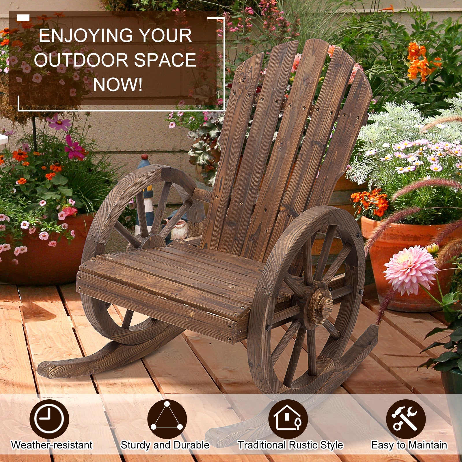 Wooden Adirondack Rocking Chair Reclining Armchair Outdoor Garden Furniture Patio Porch Rocker - Carbonized Wood Colour-4