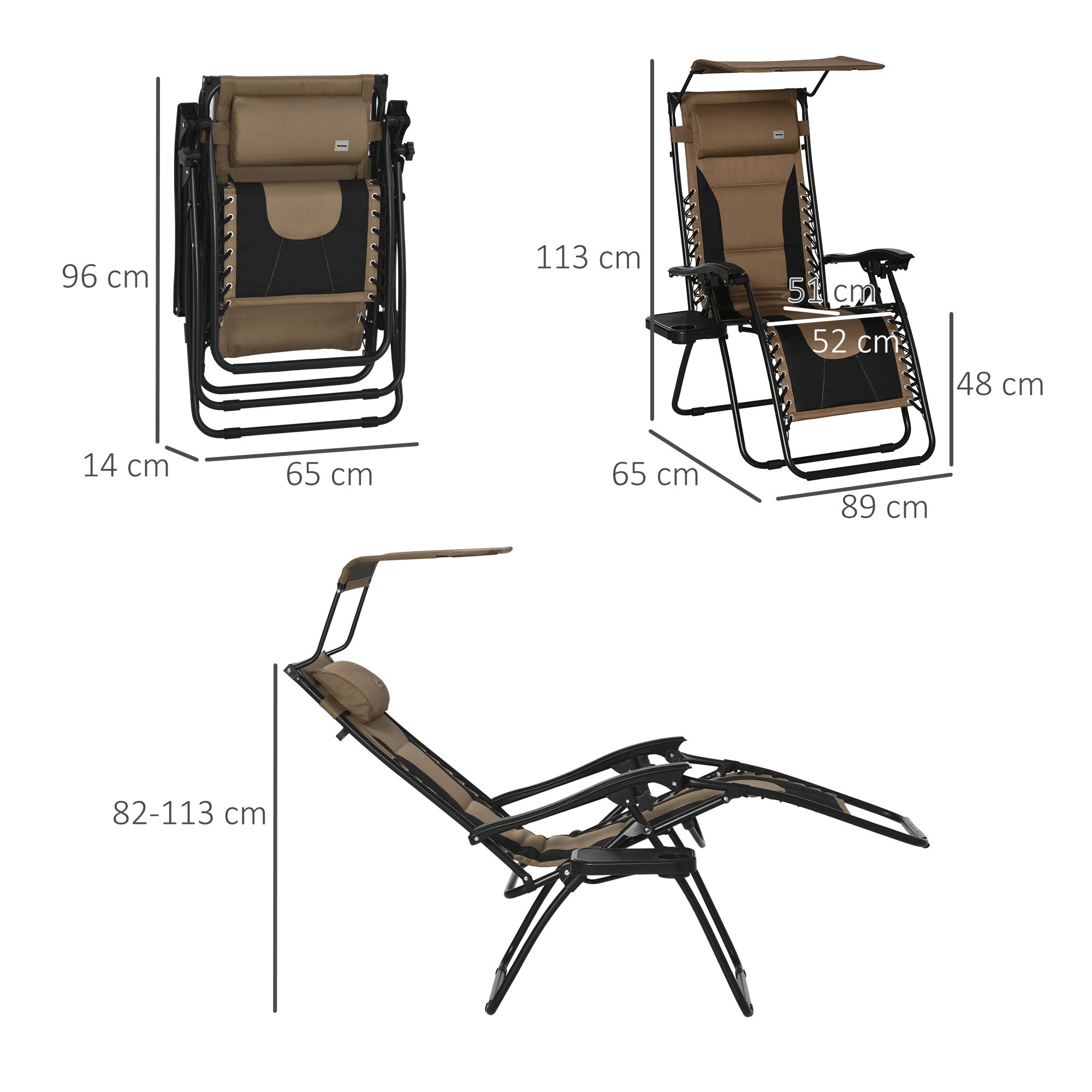 Zero Gravity Lounger Chair, Folding Reclining Patio Chair with Shade Cover, Cup Holder and Headrest for Poolside, Camping, Brown-2