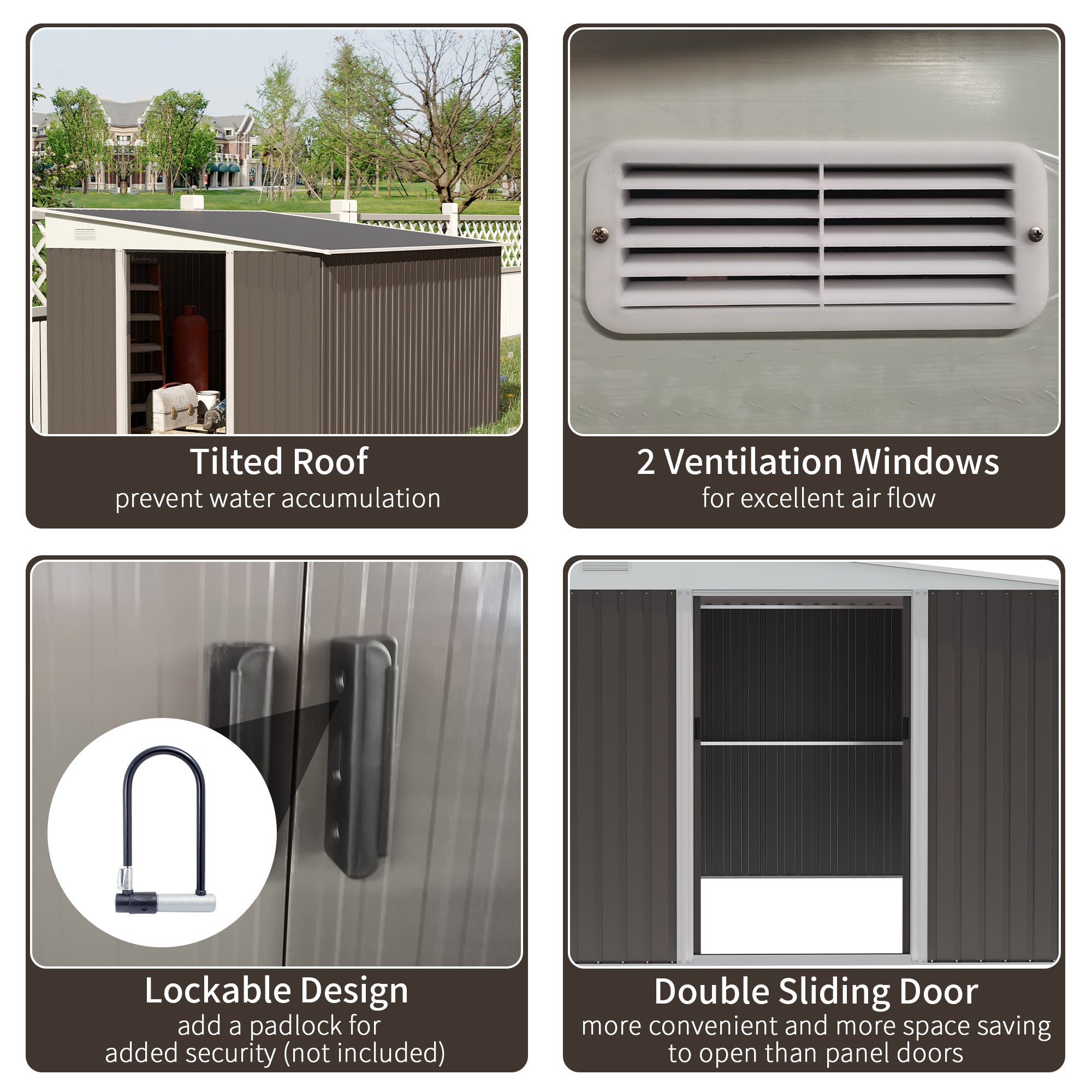 11 x 9 ft Metal Garden Storage Shed Sloped roof Tool House with Double Sliding Doors and 2 Air Vents, Grey-4