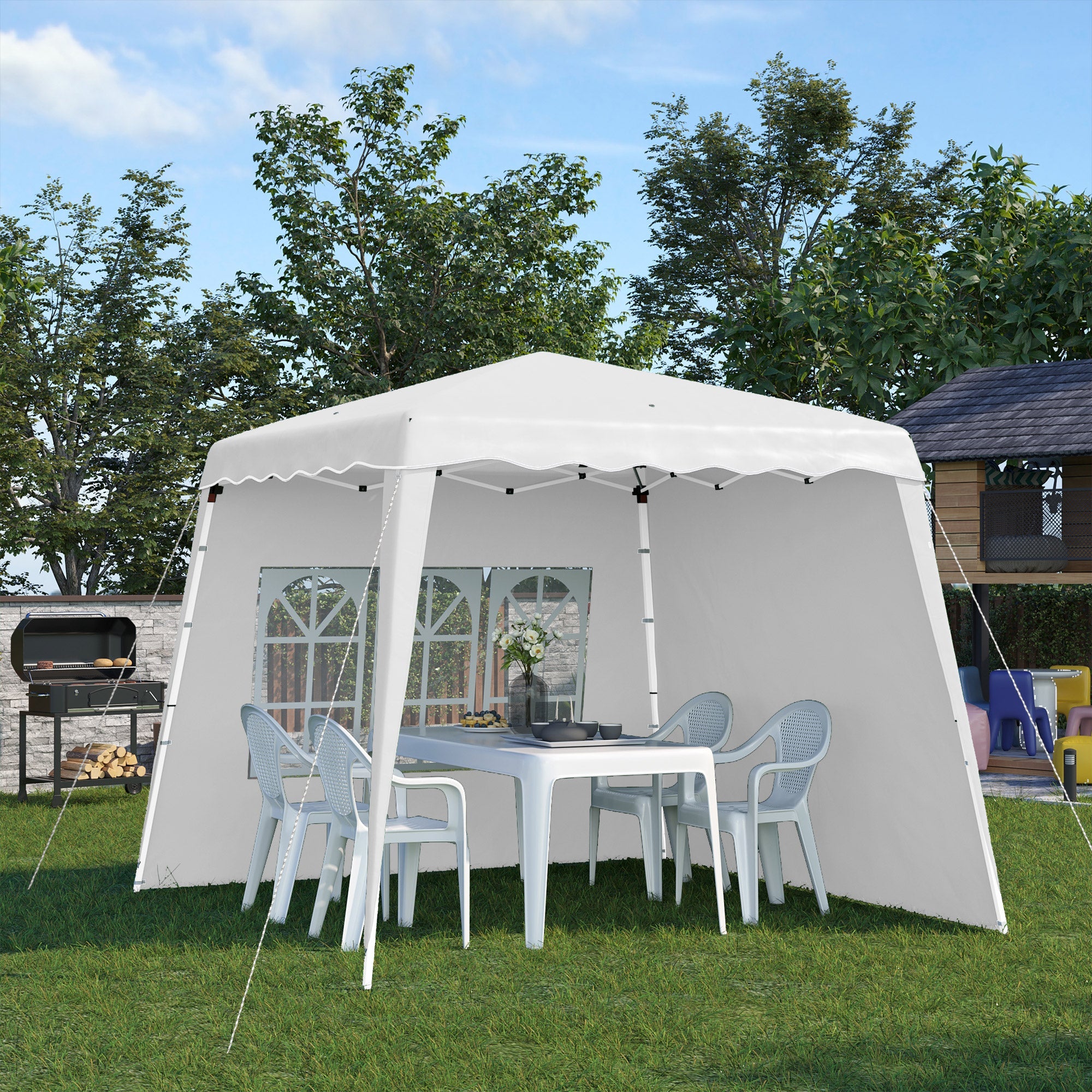 2.9 x 2.9m Pop Up Gazebo with 2 Sides, Slant Legs and Carry Bag, Height Adjustable UV50+ Party Tent Event Shelter for Garden, Patio, White-1