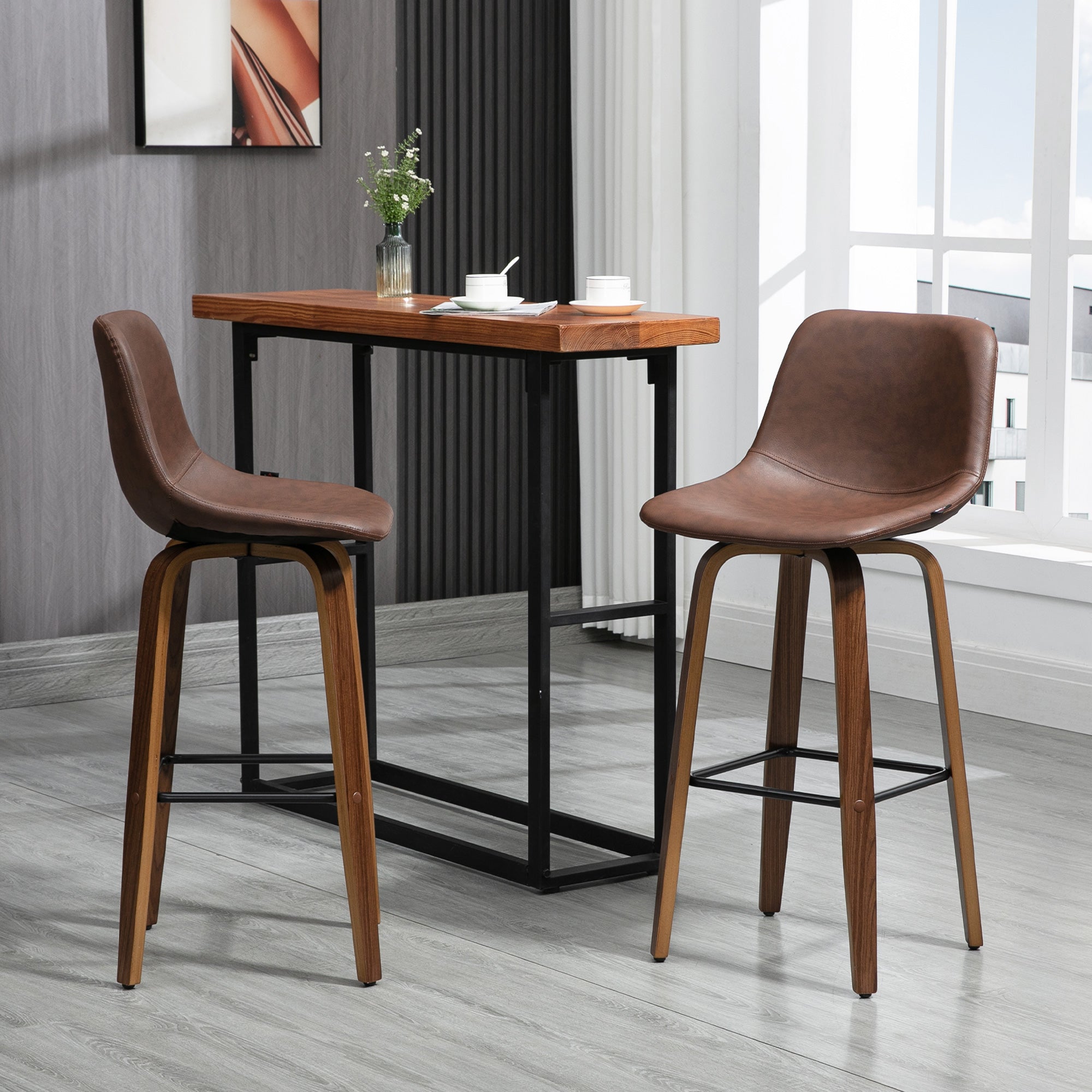 Bar Stools Set of 2, Breakfast Bar Chairs, PU Leather Upholstered Kitchen Stools w/ Backs, Wood Legs for 89-99cm Bar Table, Brown-1