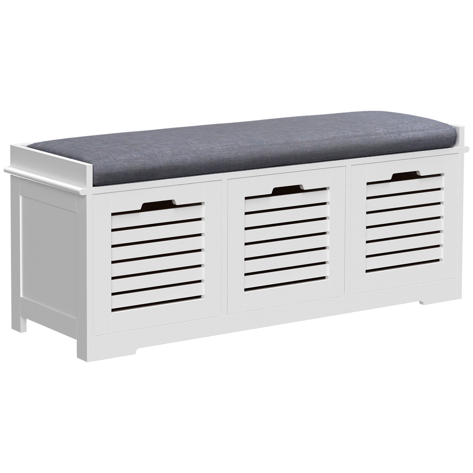 White Storage Bench with 3 Drawers & Removable Grey Seat Cushion Hallway Organisation furniture-0