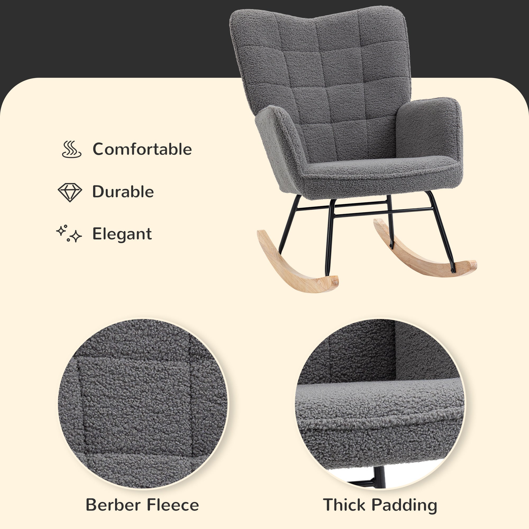 Wingback Rocking Chair for Nursing, Berber Fleece Nursery Glider Rocker, Modern Armchair for Living Room, Dark Grey-4