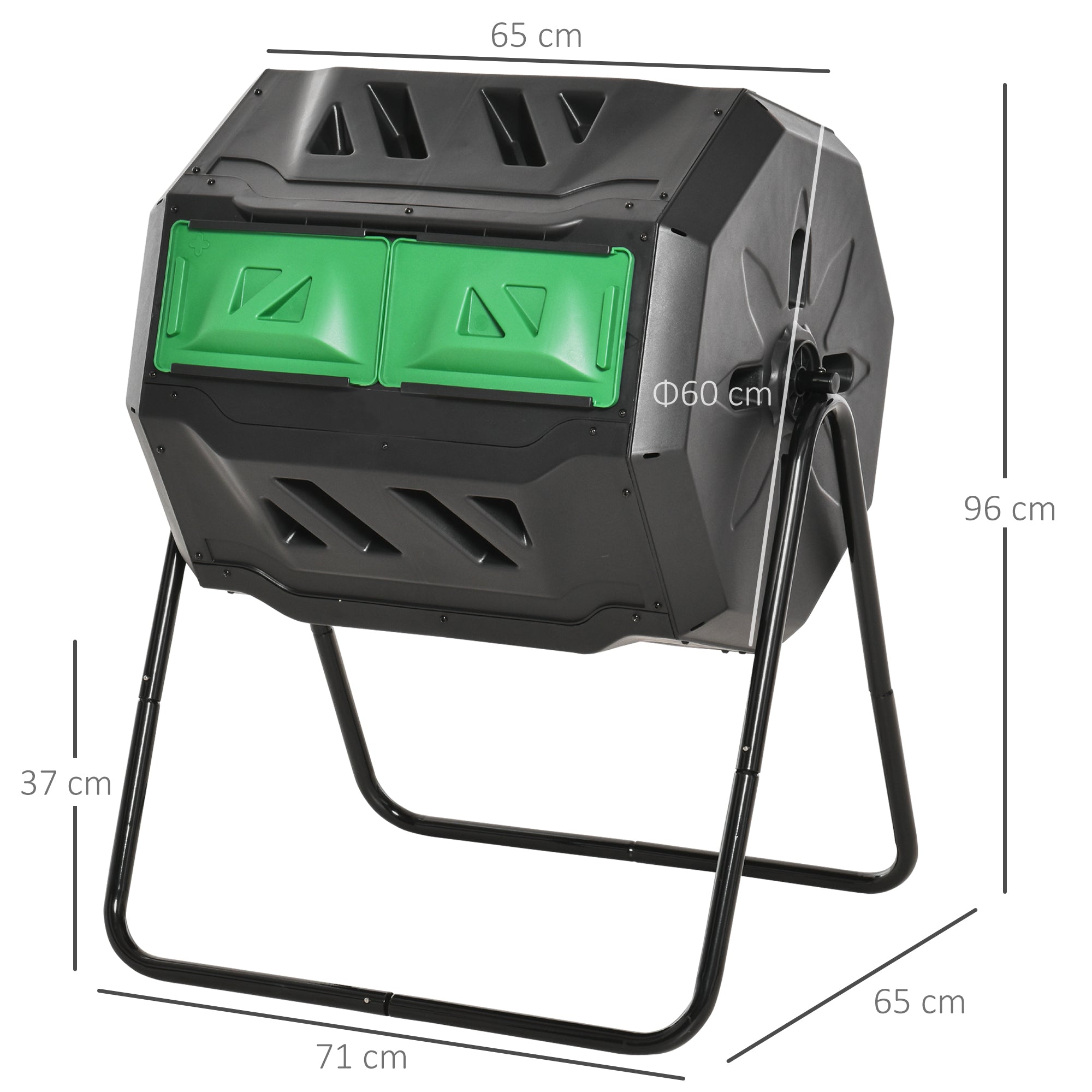 160L Tumbling Compost Bin Outdoor Dual Chamber 360° Rotating Composter w/ Sliding Doors & Solid Steel Frame, Black-2