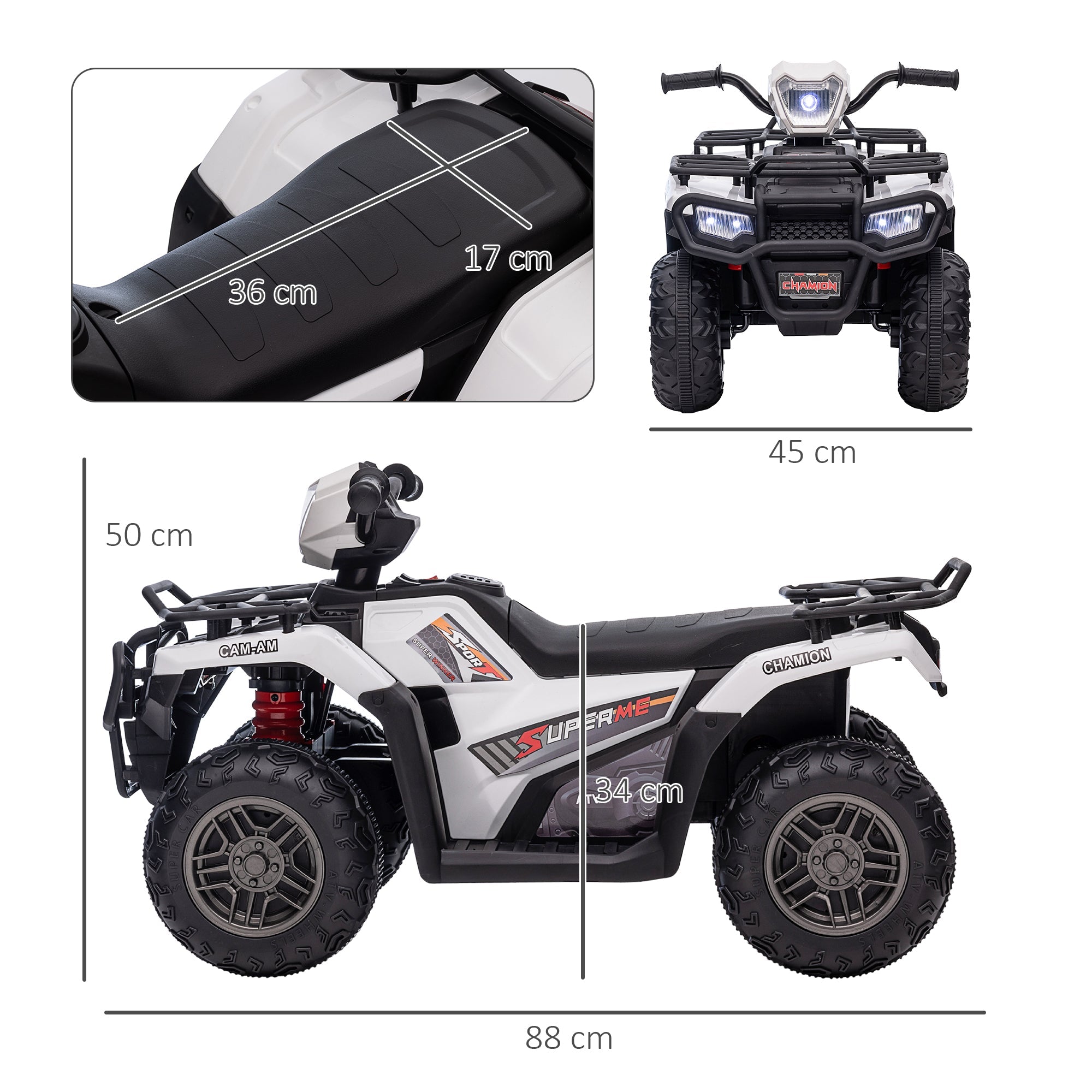 12V Kids Quad Bike with Forward Reverse Functions, Electric Ride On ATV with Music, LED Headlights, for Ages 3-5 Years - White-2