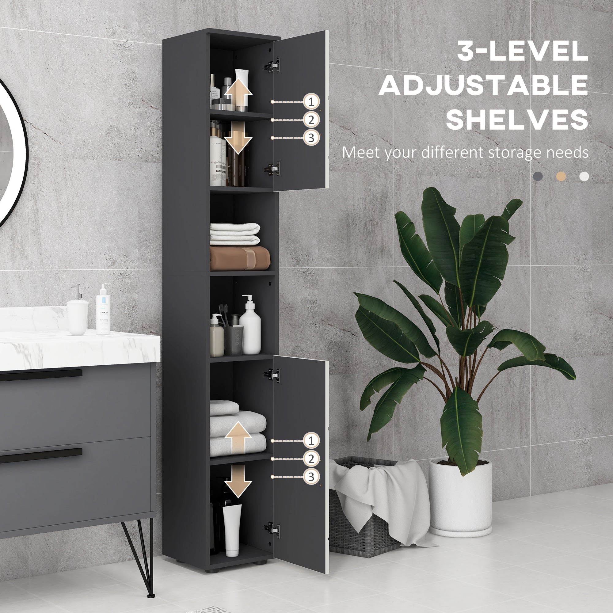 183cm Tall Bathroom Cabinet, Narrow Bathroom Storage Cabinet w/ Open Shelves, 2 Doors Cabinets, Adjustable Shelves, Grey-4