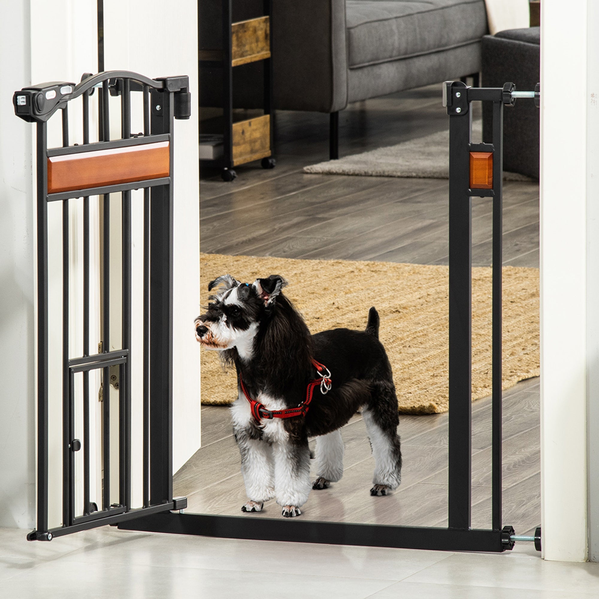 Dog Gate with Cat Door Pet Safety Gate, Auto Close Double Locking Pine Wood Decoration, for Doorways Stairs Indoor, 74-80 cm Wide, Black-1