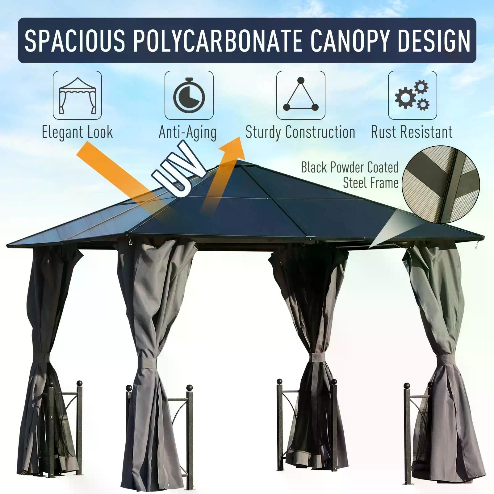 3 x 3(m) Hardtop Gazebo Canopy with Polycarbonate Roof, Steel & Aluminium Frame, Garden Pavilion with Mosquito Netting and Curtains, Black-4