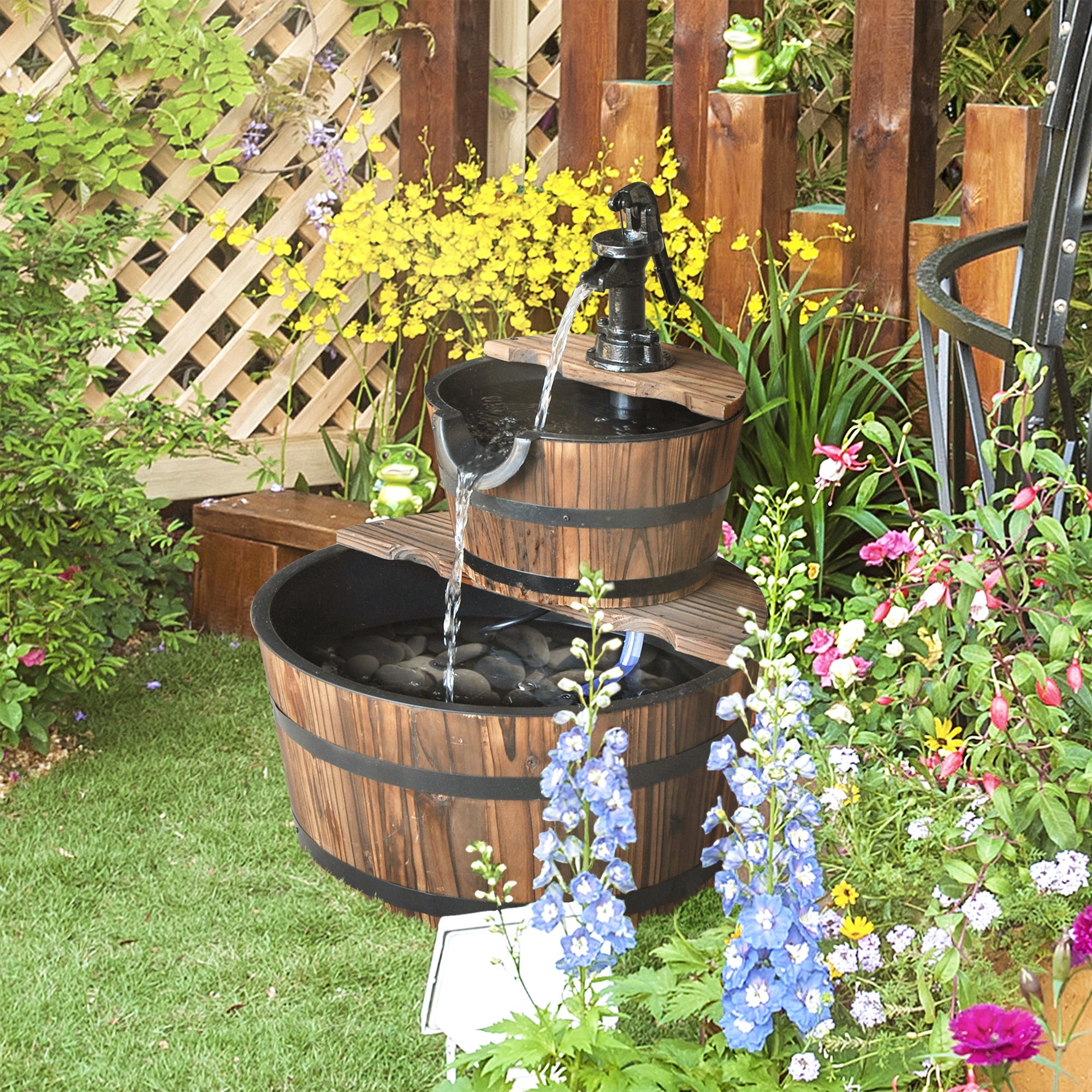 Wooden Water Pump Fountain Cascading Feature Barrel Garden Deck (2 Tier)-1