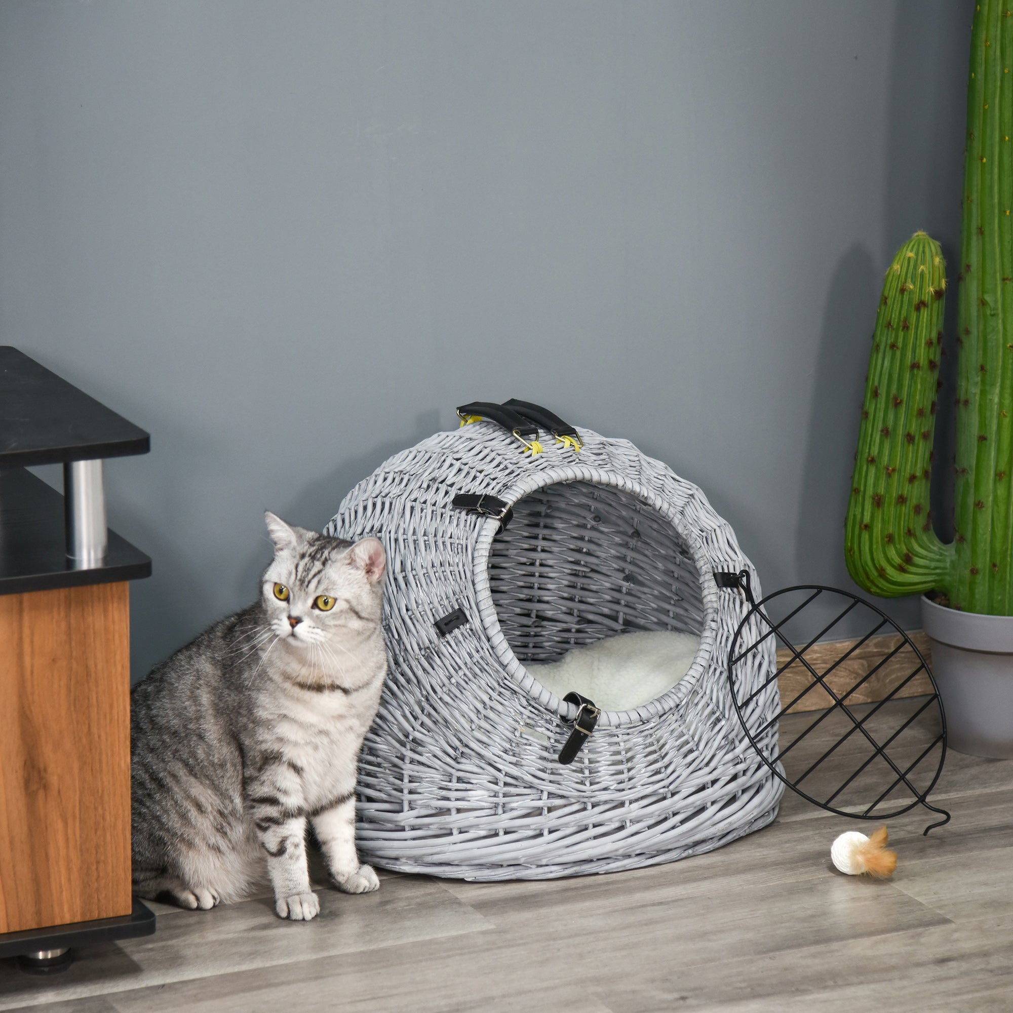 Wicker Pet Carrier Basket Cat Kitten Bed Portable Travel Cage w/ Soft Cushion Handle Grey 50 x 40 x 40 cm-1