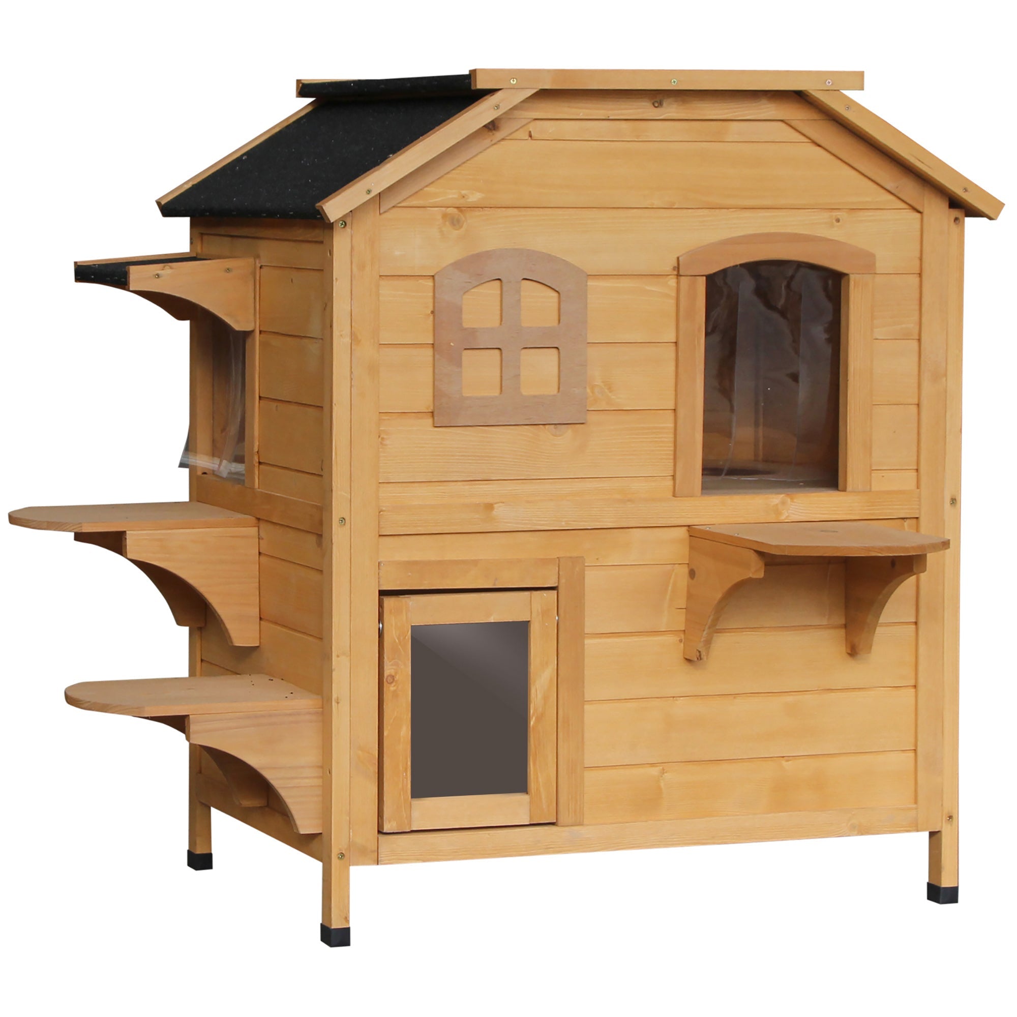 Wooden Cat House Condos Cat Cave Pet Shelter 2 Floor Villa Outdoor Furniture Natural Wood Finish-0