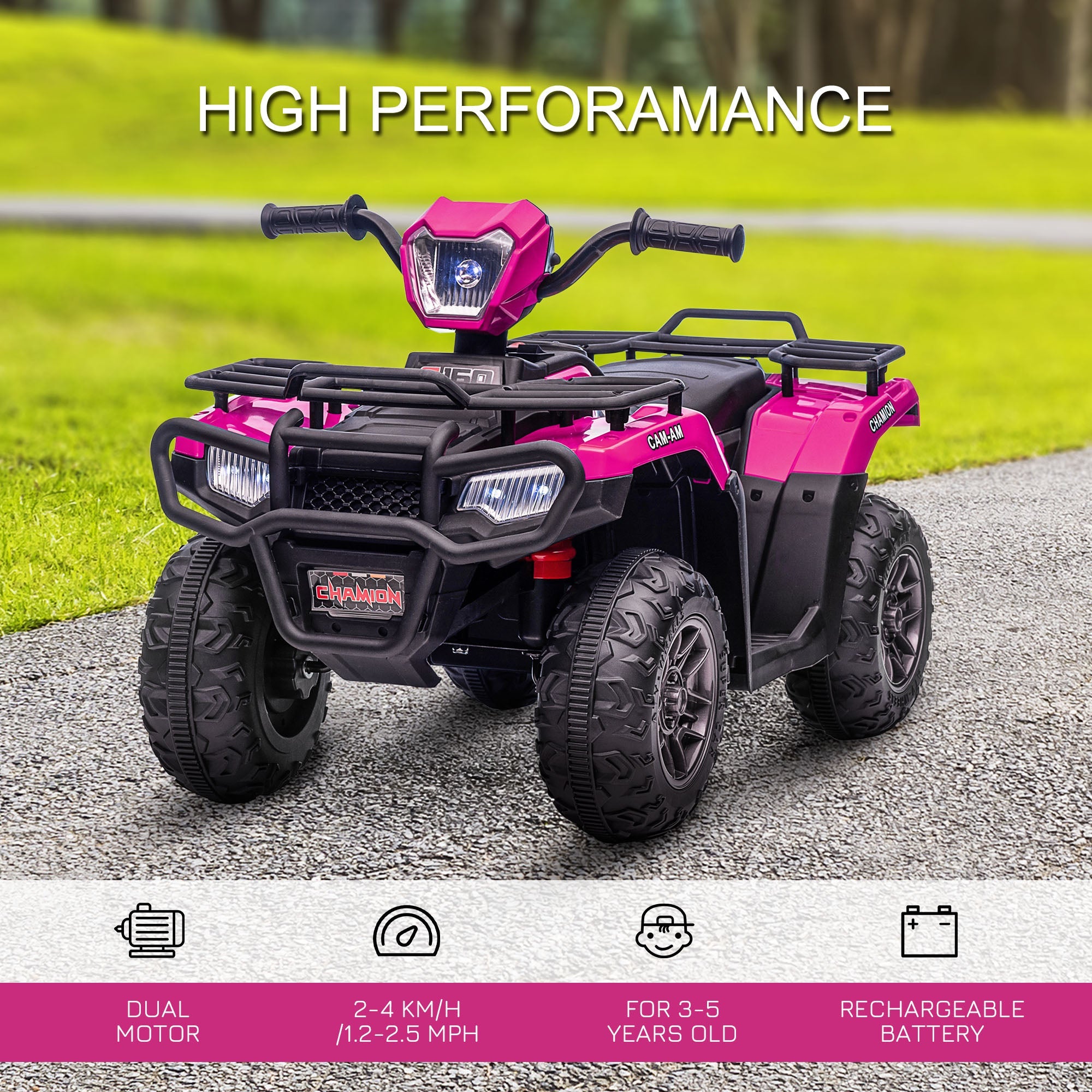 12V Kids Quad Bike with Forward Reverse Functions, Ride On ATV with Music, LED Headlights, for Ages 3-5 Years - Pink-3