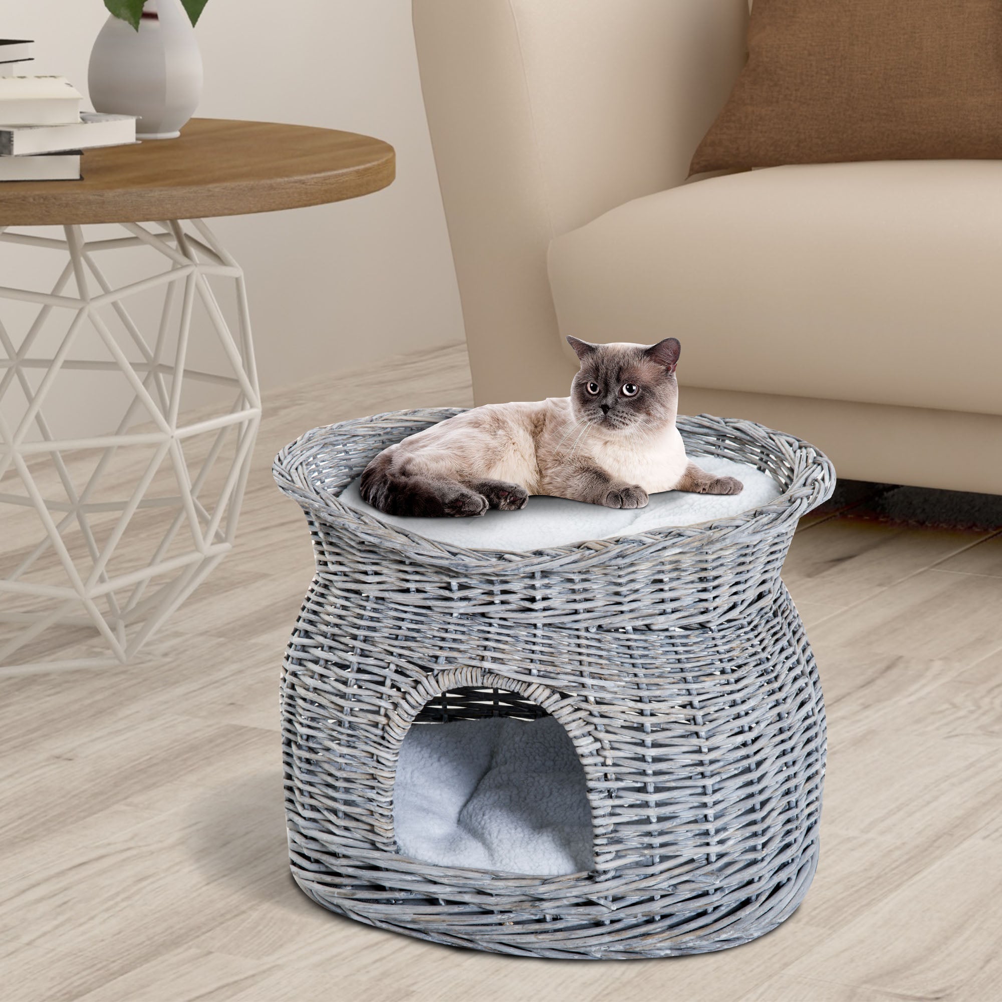 2-Tier Wicker Cat House Elevated Pet Bed Basket Willow Kitten Tower Pet Den. with Washable Cushions 56x37x40cm Grey-1